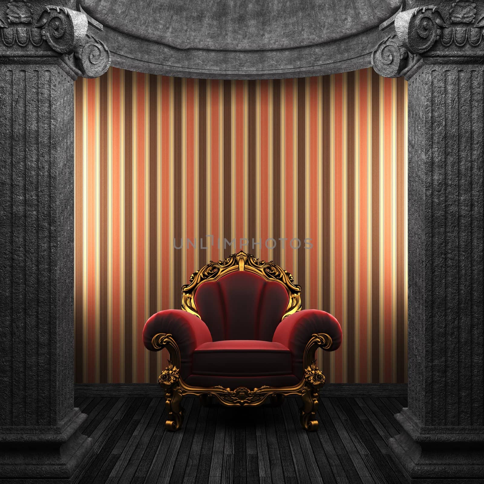 stone columns, chair and wallpaper made in 3D