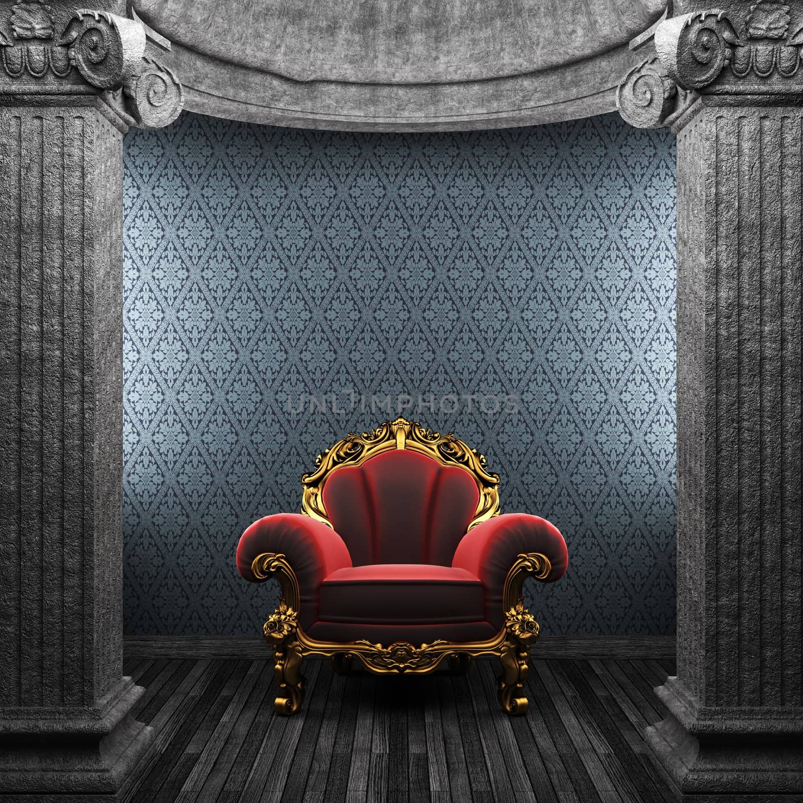 stone columns, chair and wallpaper made in 3D