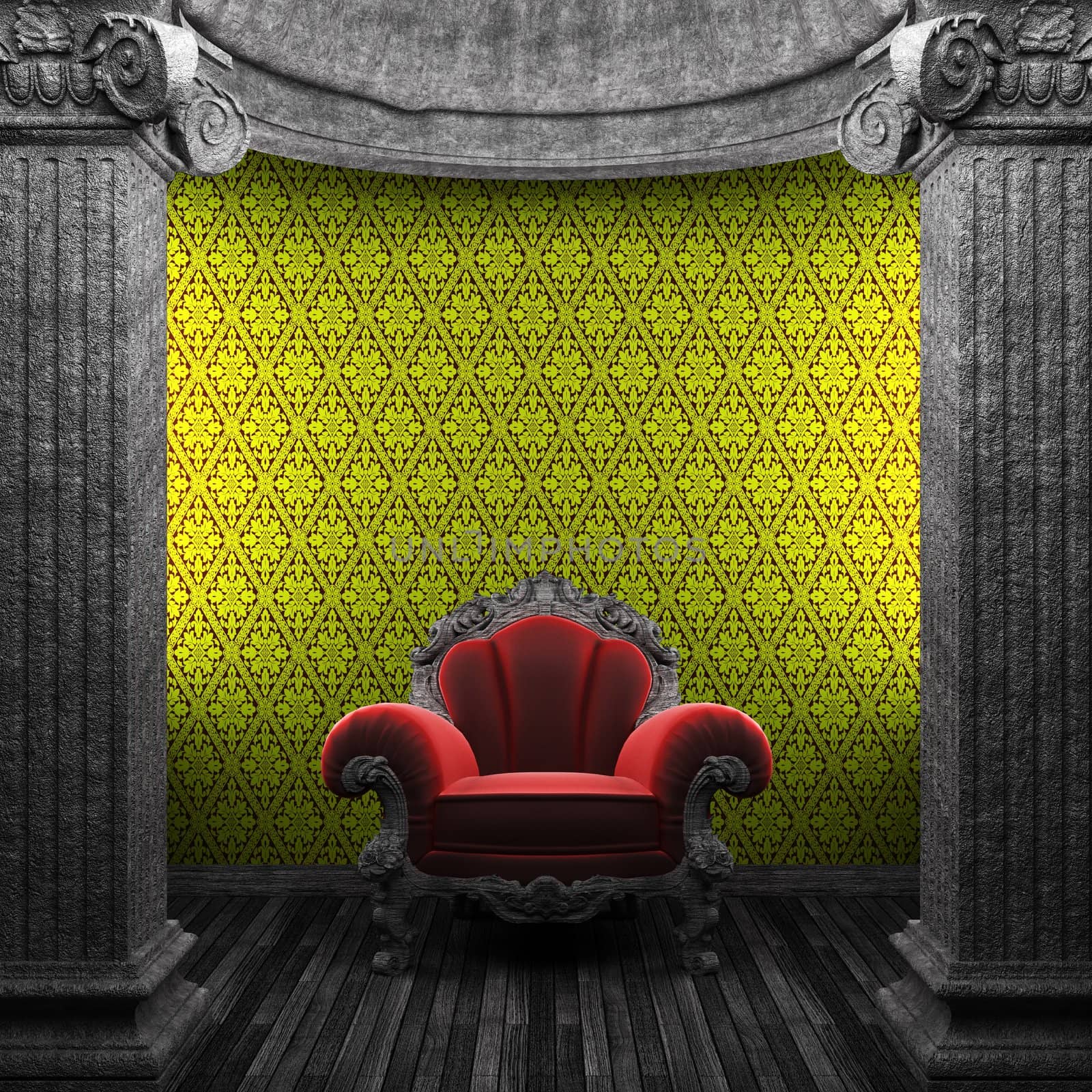 stone columns, chair and wallpaper made in 3D