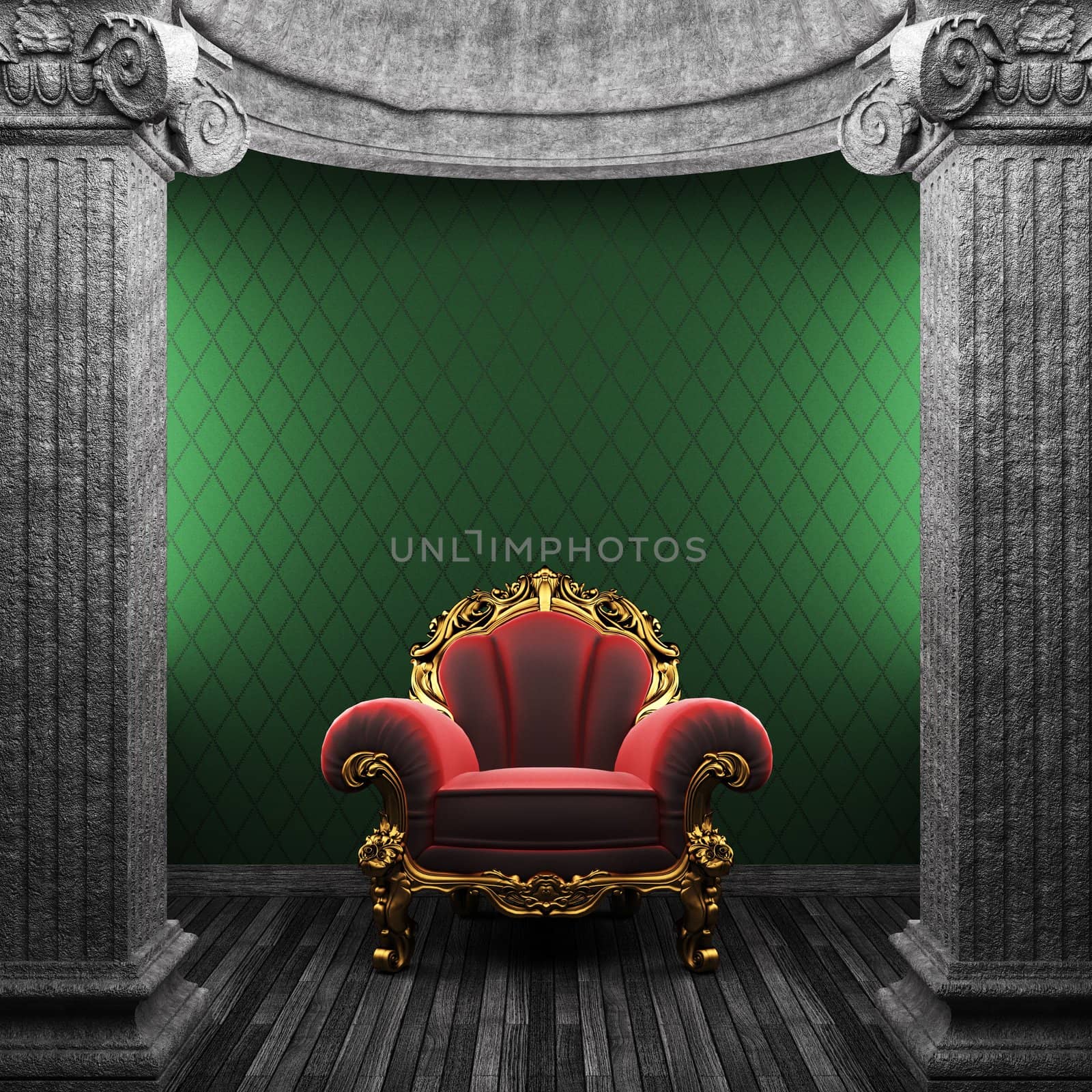 stone columns, chair and wallpaper made in 3D