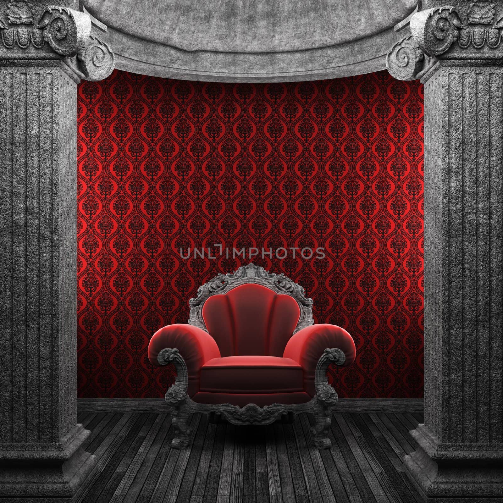 stone columns, chair and wallpaper made in 3D