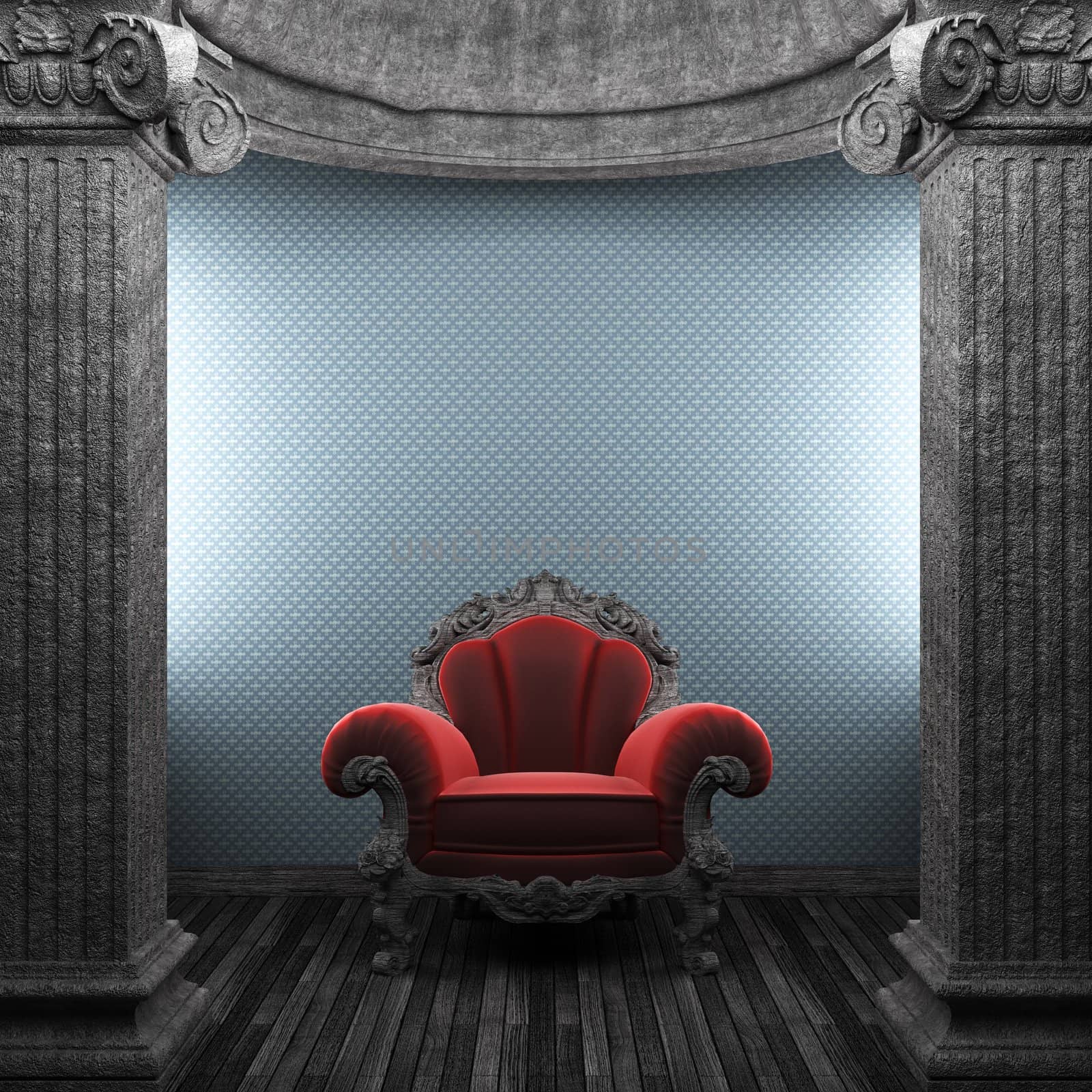 stone columns, chair and wallpaper made in 3D