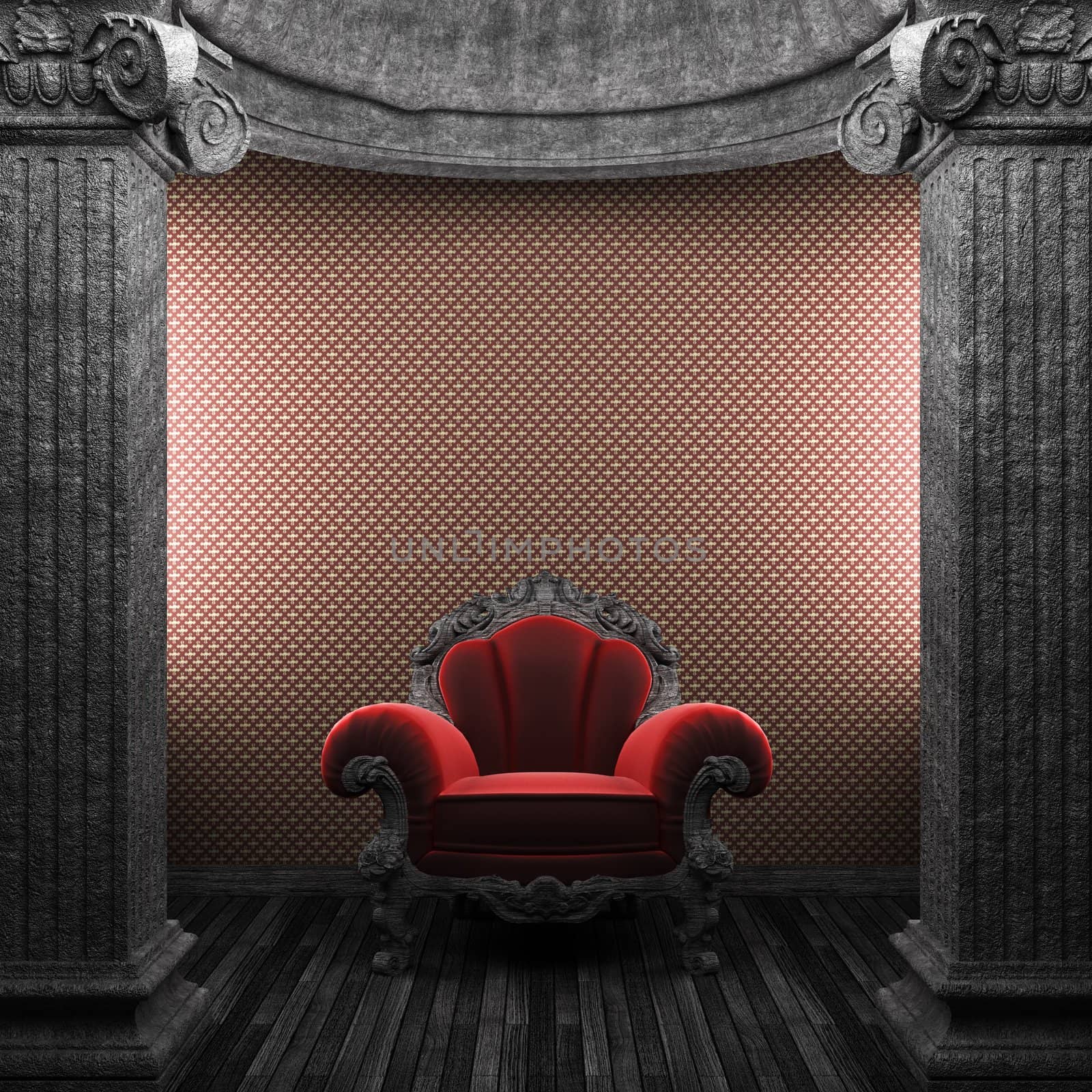 stone columns, chair and wallpaper made in 3D