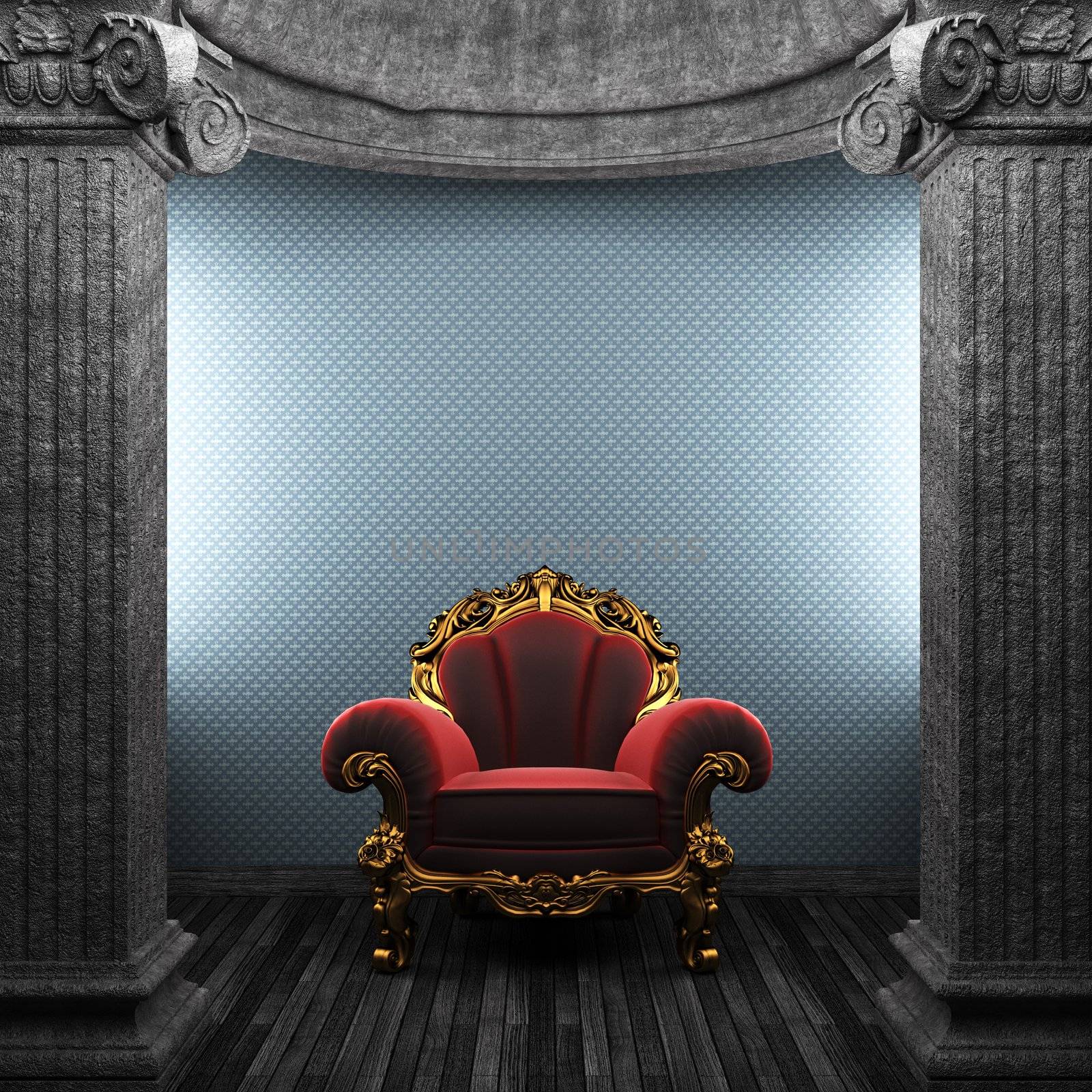 stone columns, chair and wallpaper made in 3D