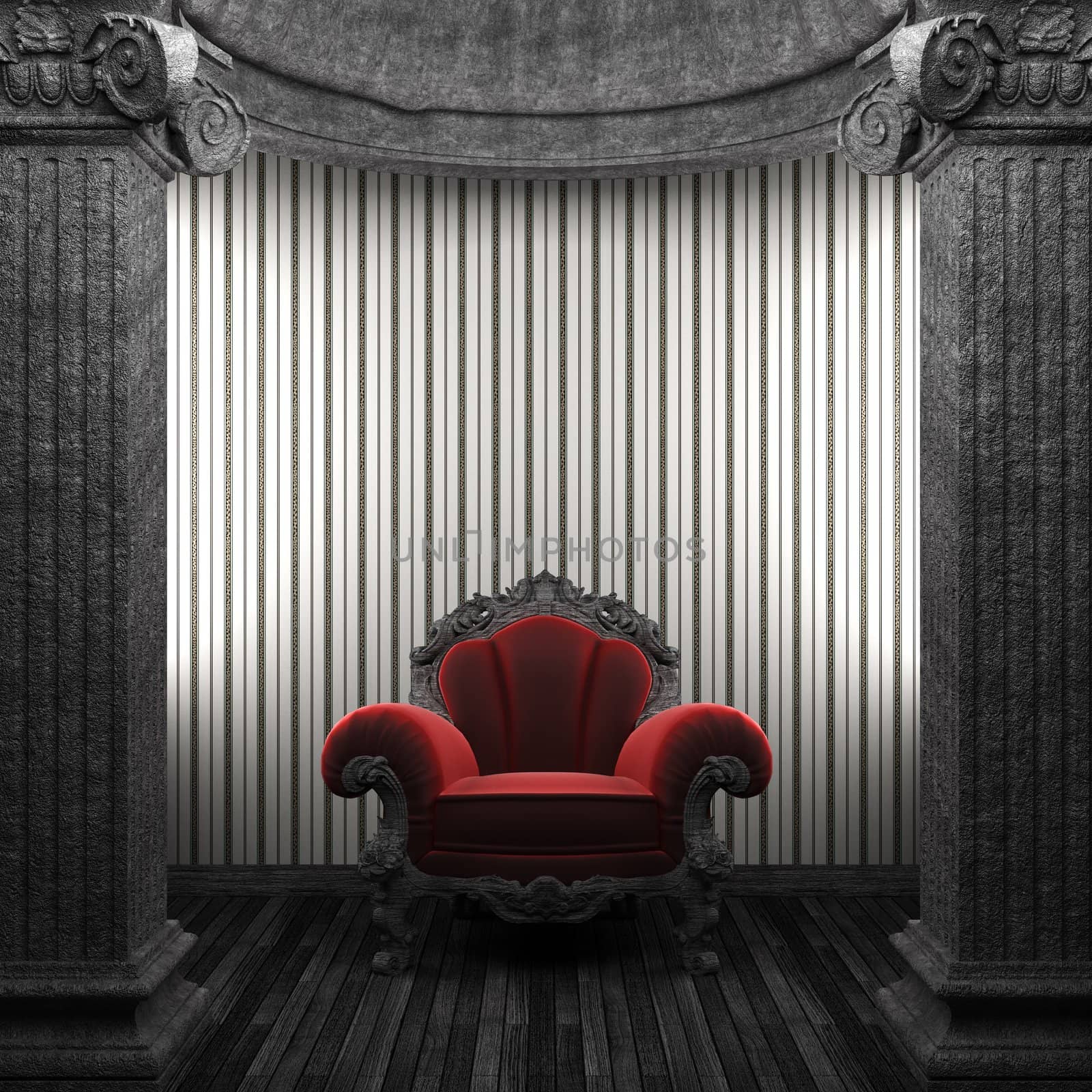 stone columns, chair and wallpaper made in 3D