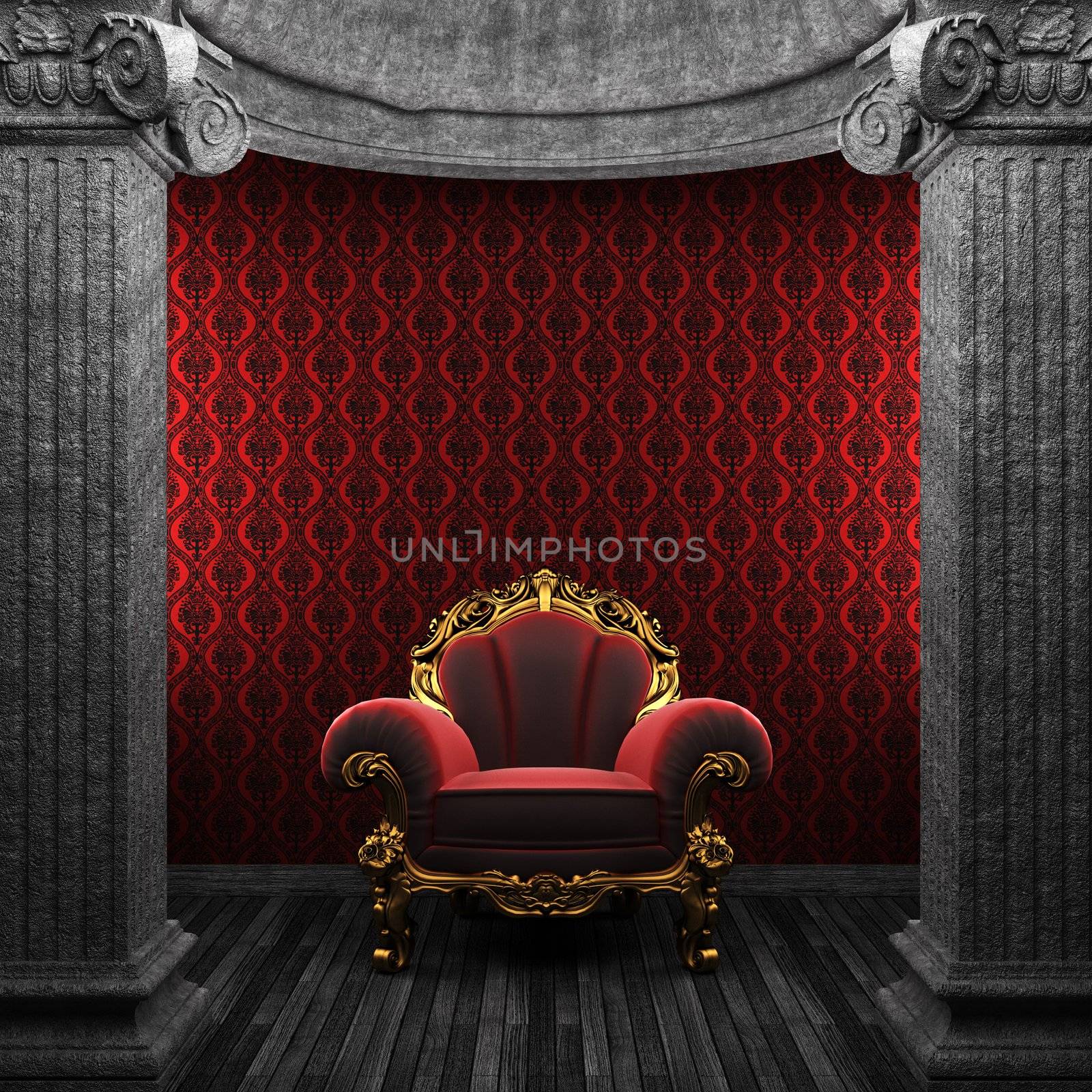 stone columns, chair and wallpaper made in 3D