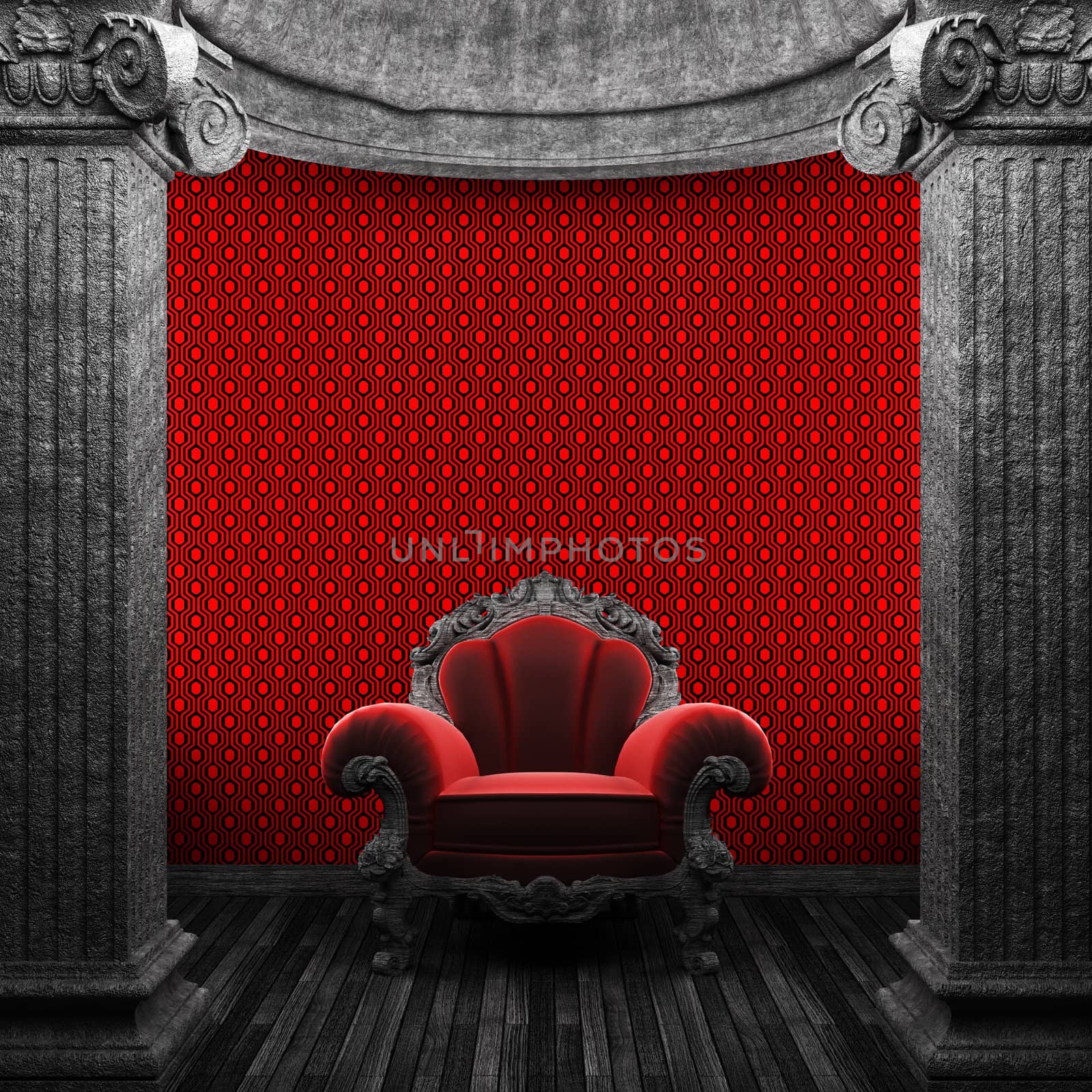 stone columns, chair and wallpaper made in 3D