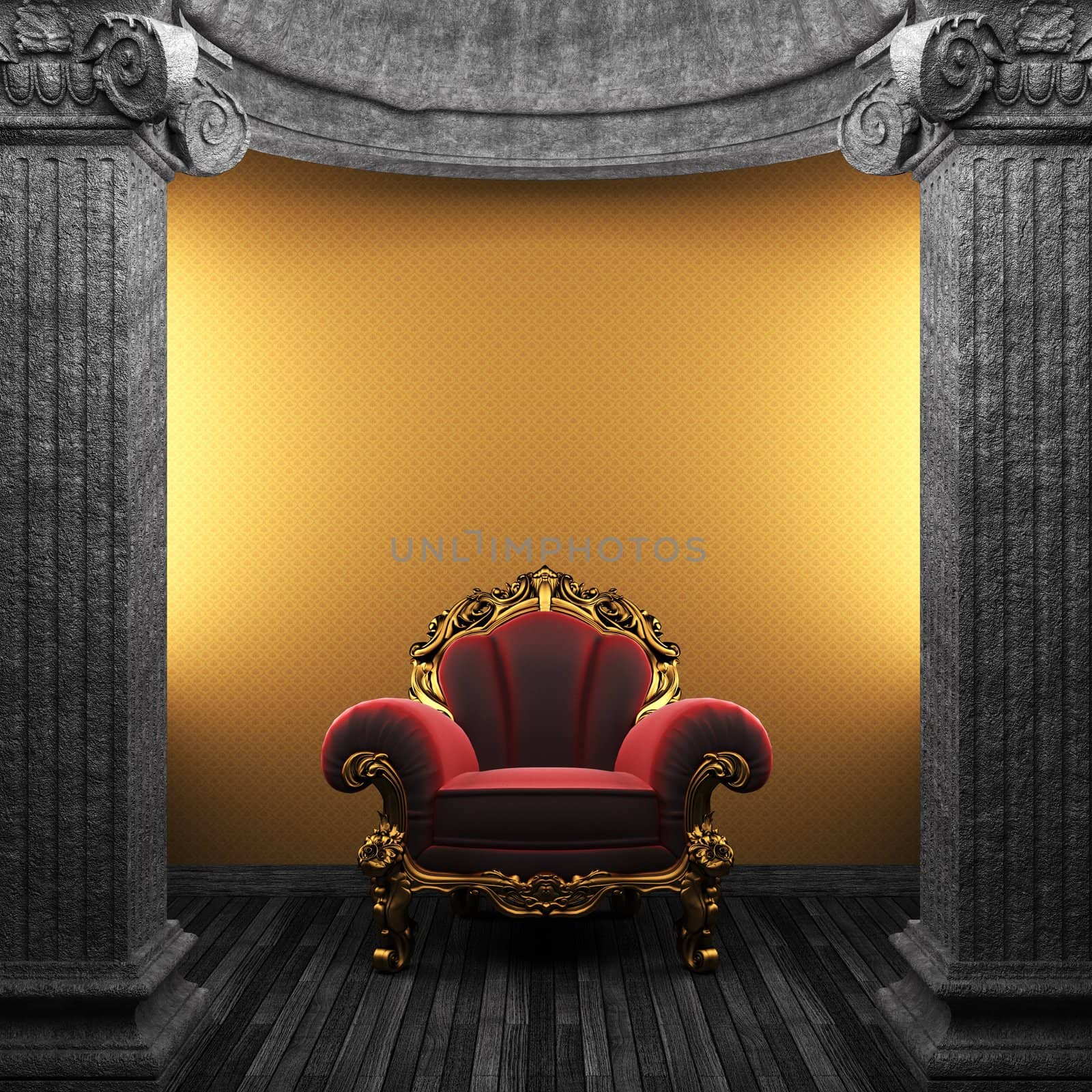 stone columns, chair and wallpaper made in 3D