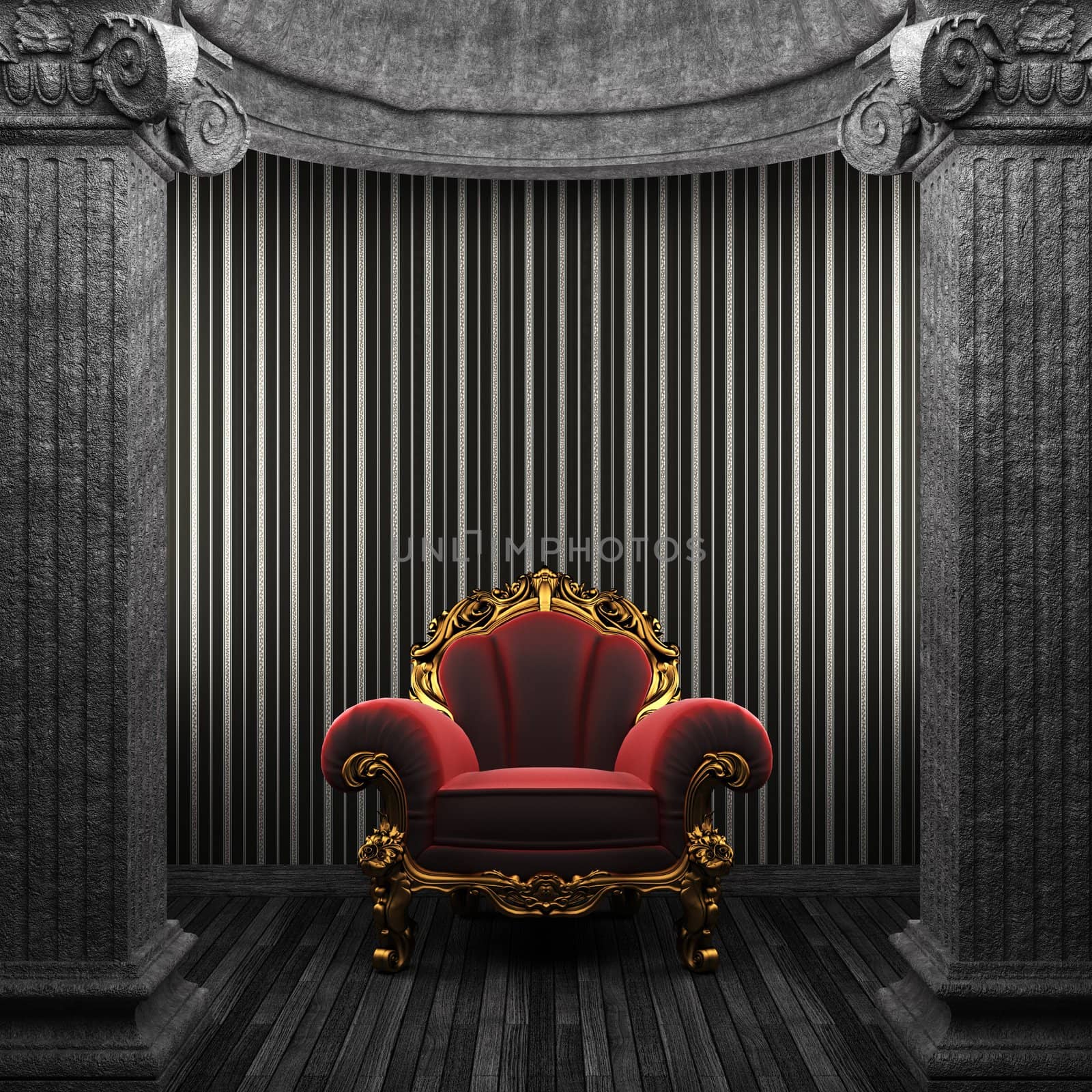 stone columns, chair and wallpaper made in 3D