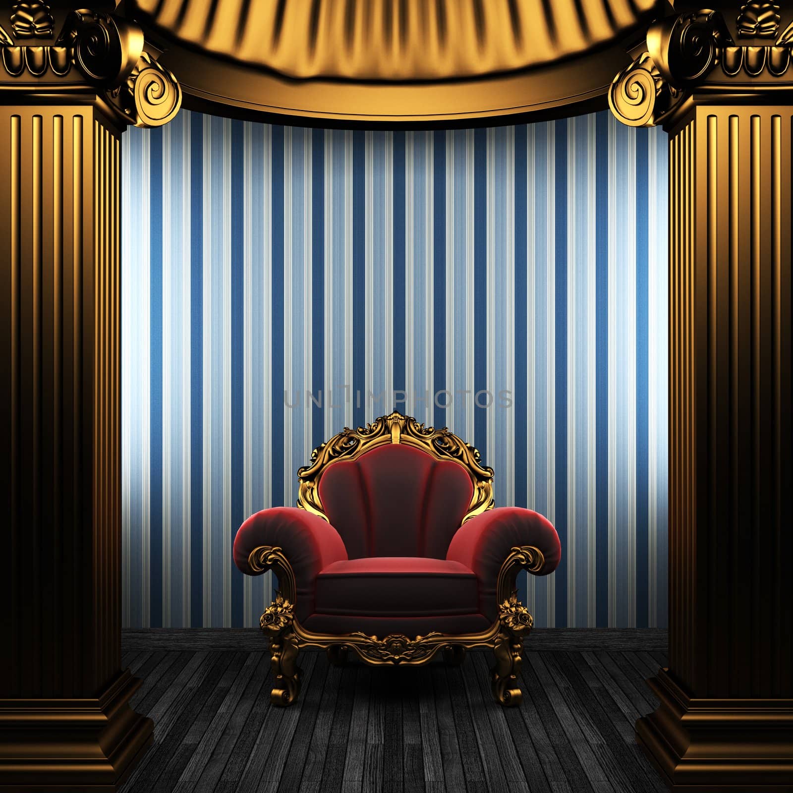 bronze columns, chair and wallpaper made in 3D