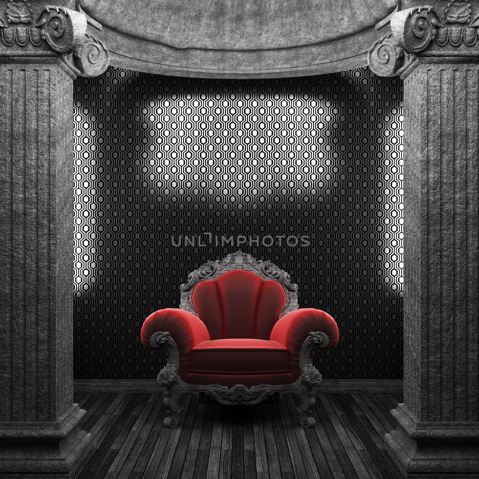 stone columns, chair and wallpaper made in 3D