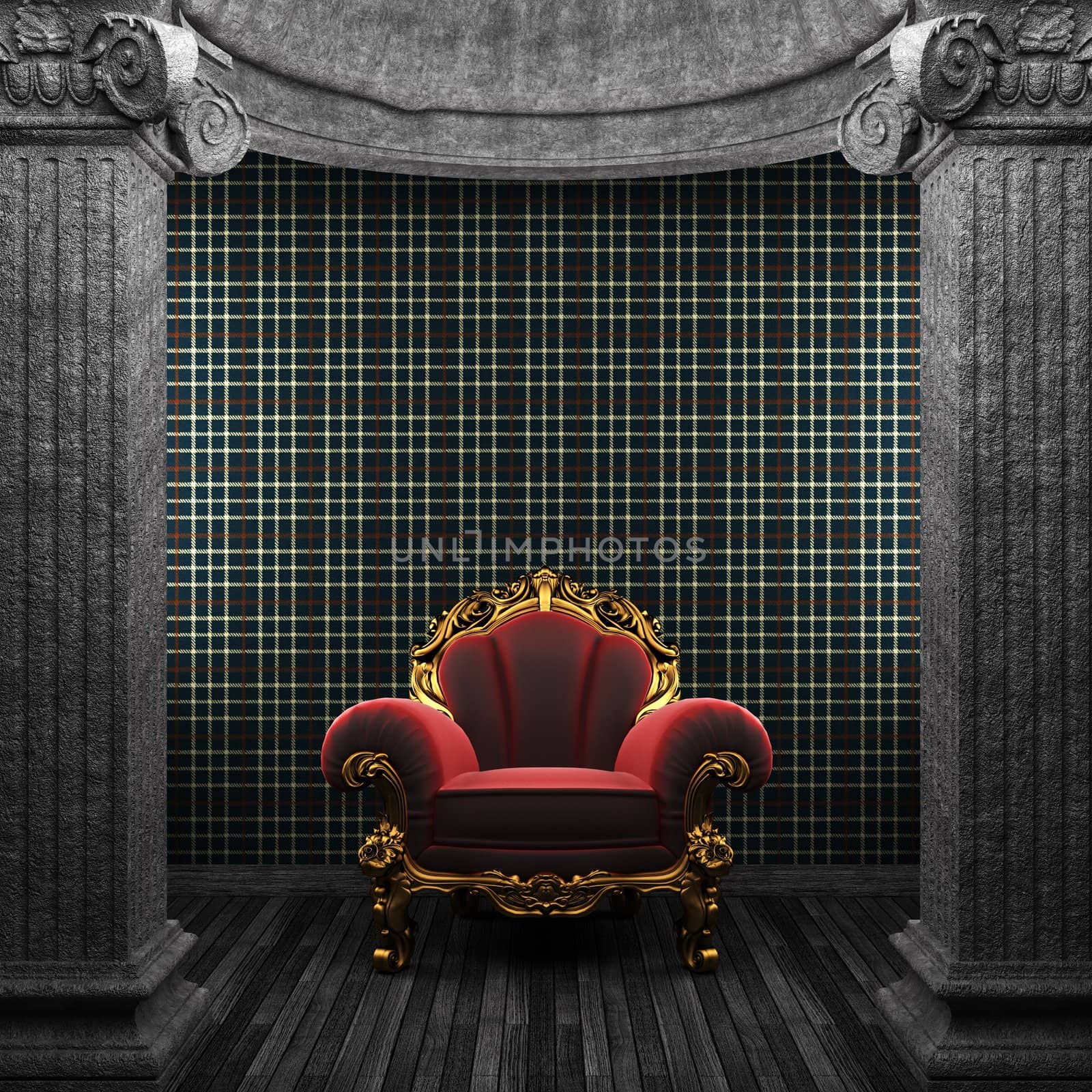 stone columns, chair and wallpaper made in 3D