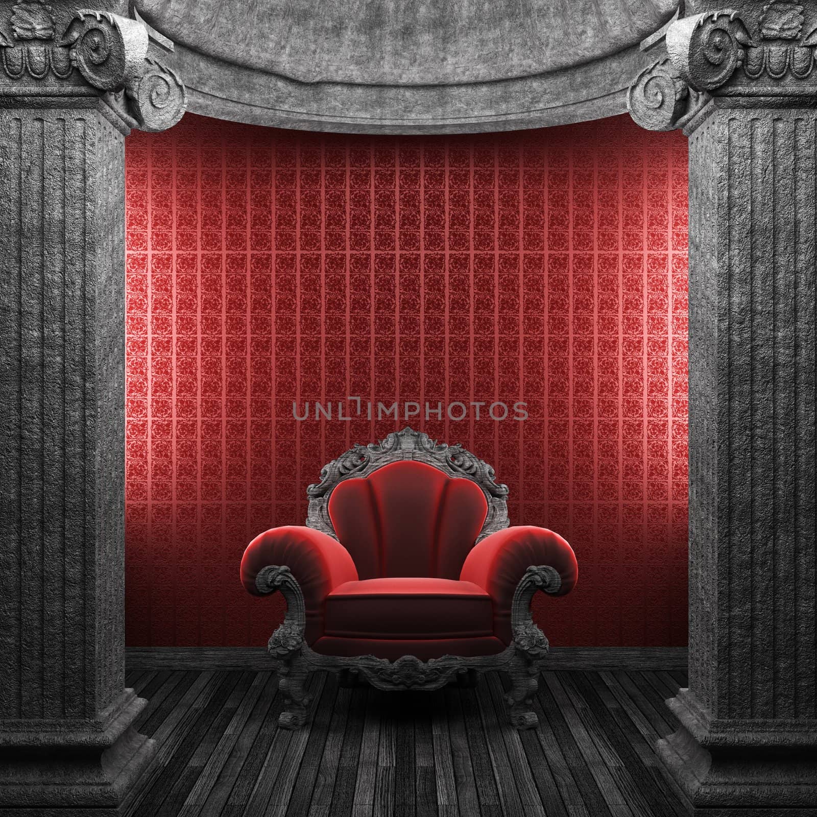 stone columns, chair and wallpaper made in 3D