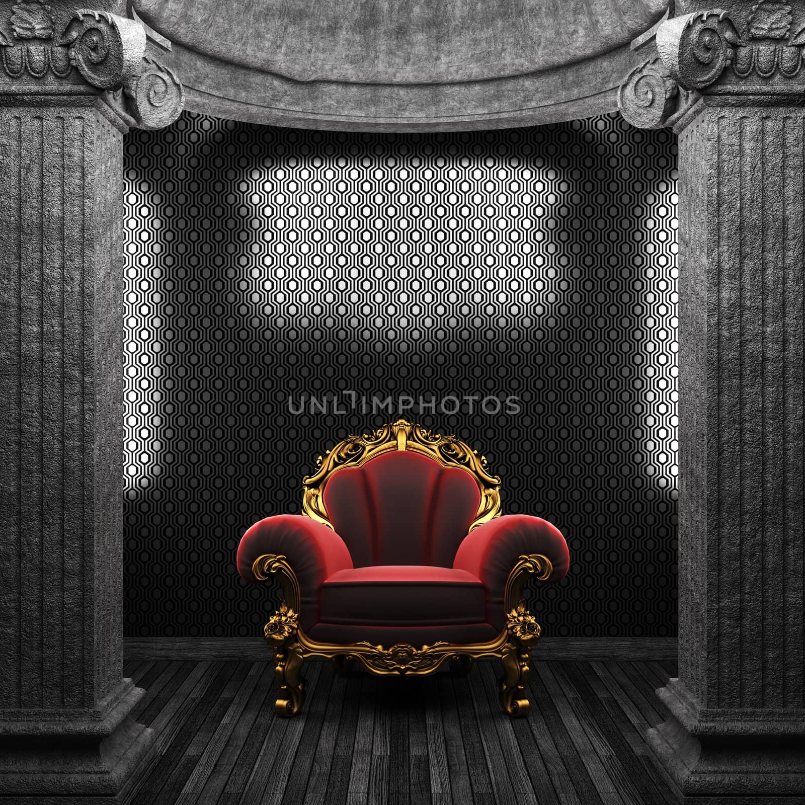 stone columns, chair and wallpaper made in 3D