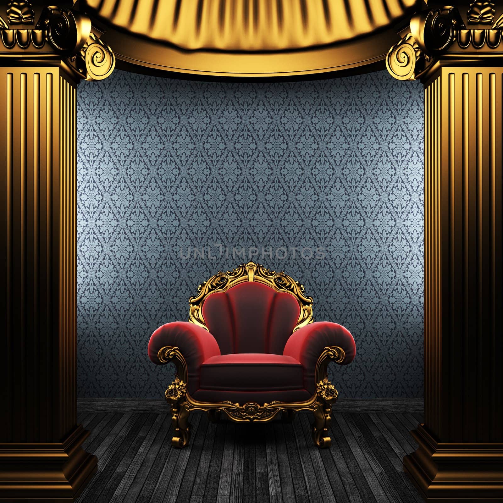 bronze columns, chair and wallpaper made in 3D