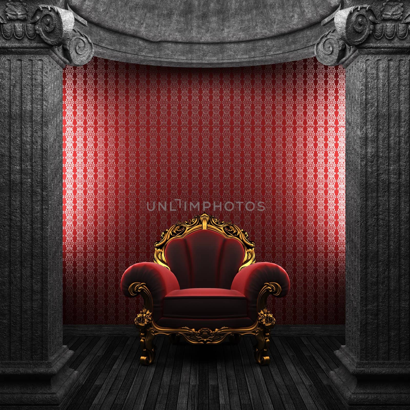 stone columns, chair and wallpaper made in 3D