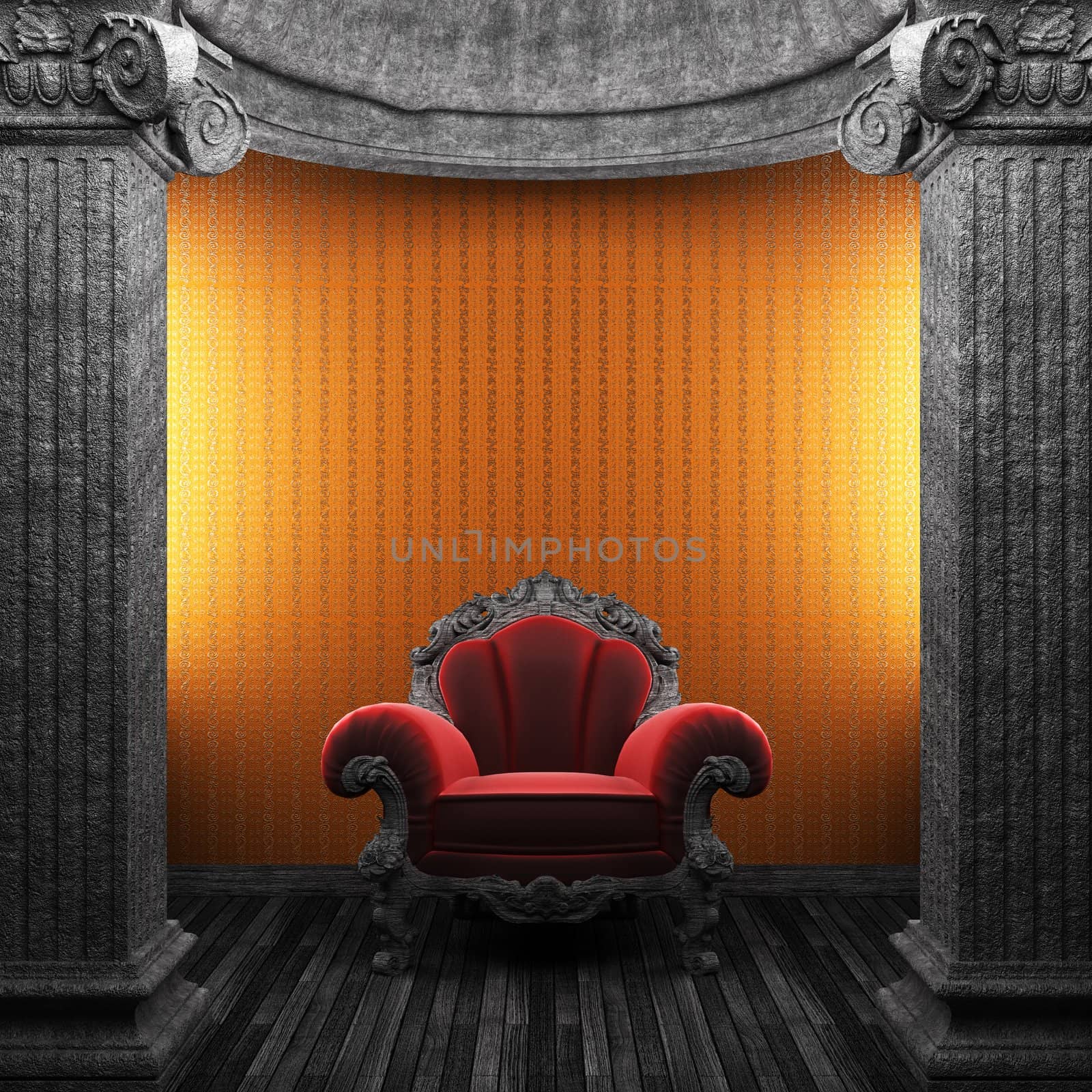 stone columns, chair and wallpaper made in 3D