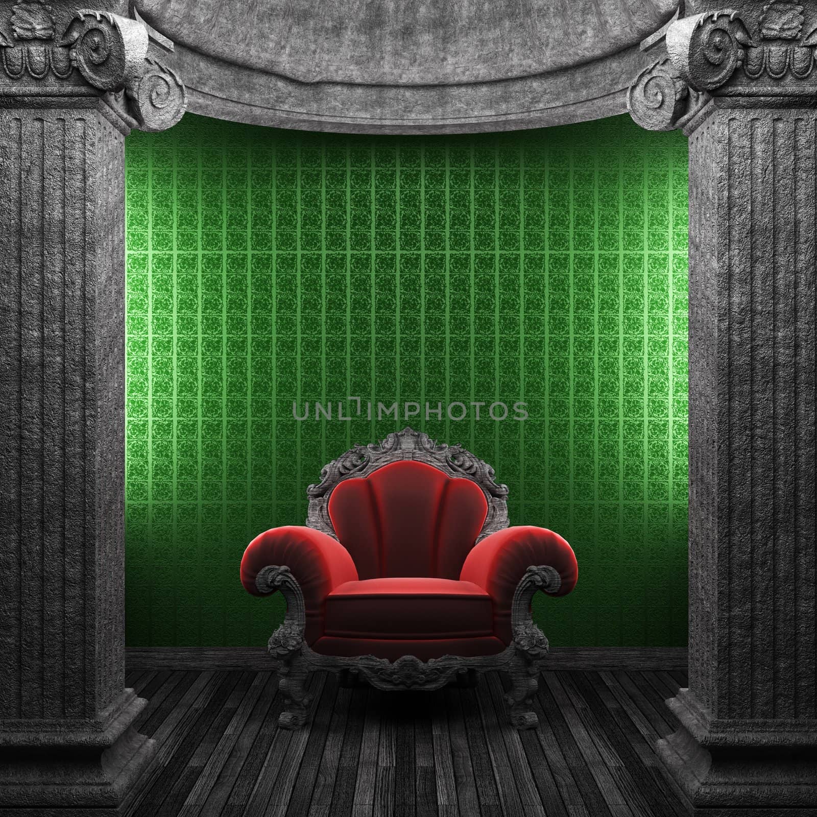 stone columns, chair and wallpaper made in 3D