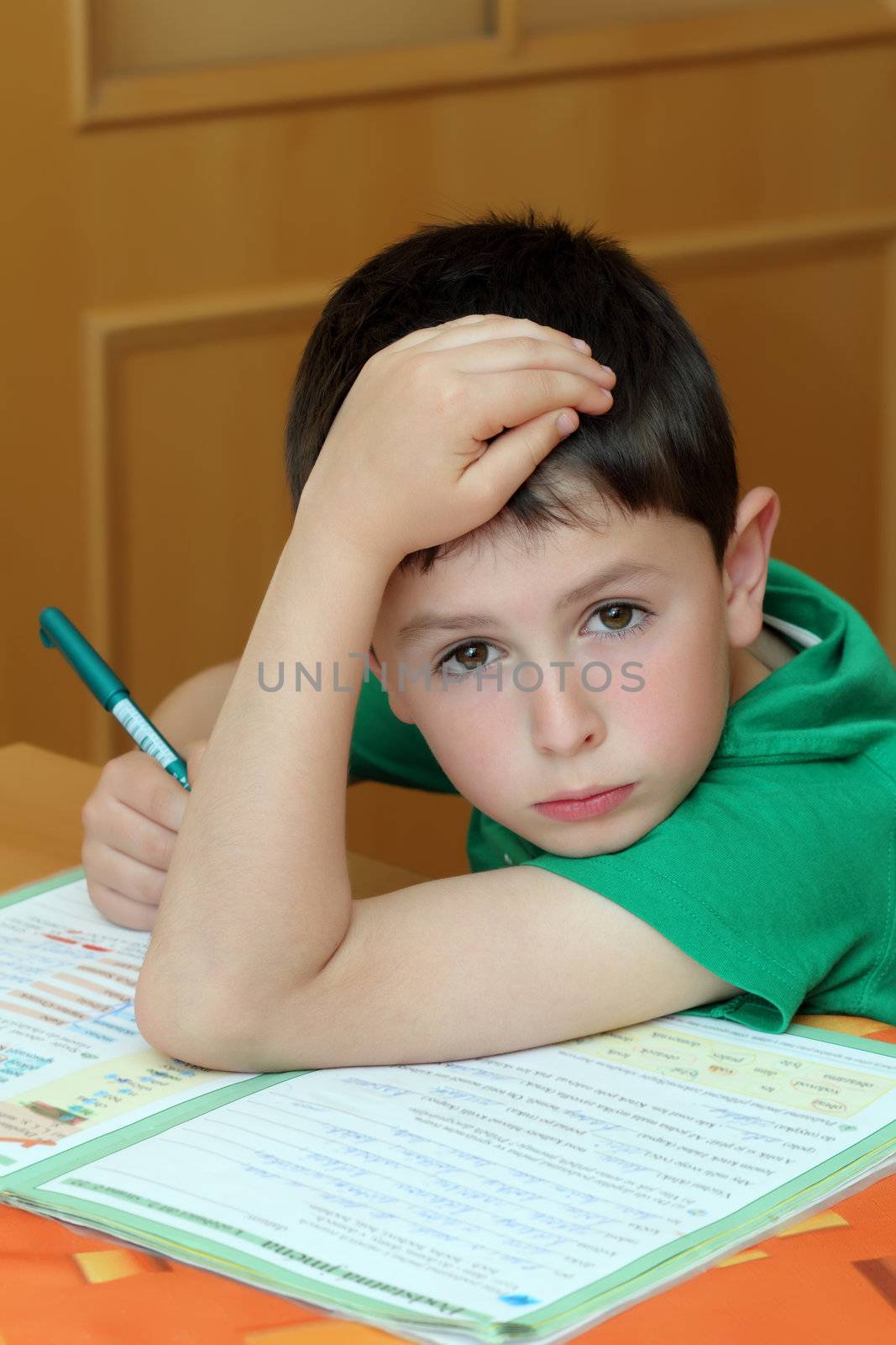 boy doing homework from school in workbook