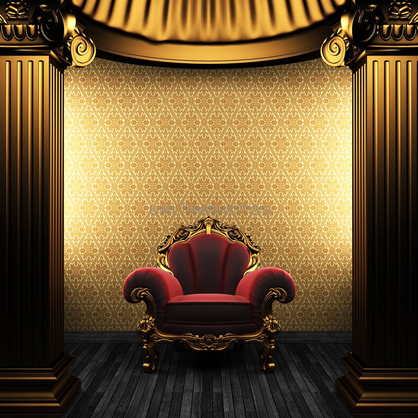 bronze columns, chair and wallpaper made in 3D