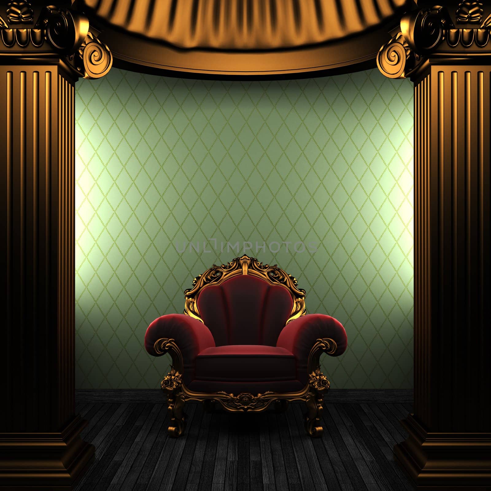 bronze columns, chair and wallpaper made in 3D