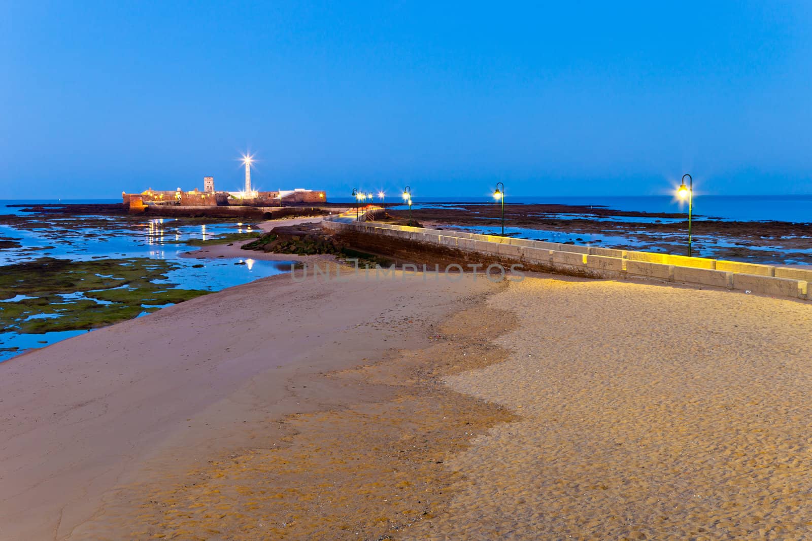 Landscape of the beach of La Caleta on  the province of Cadiz on Spain, about to dawn