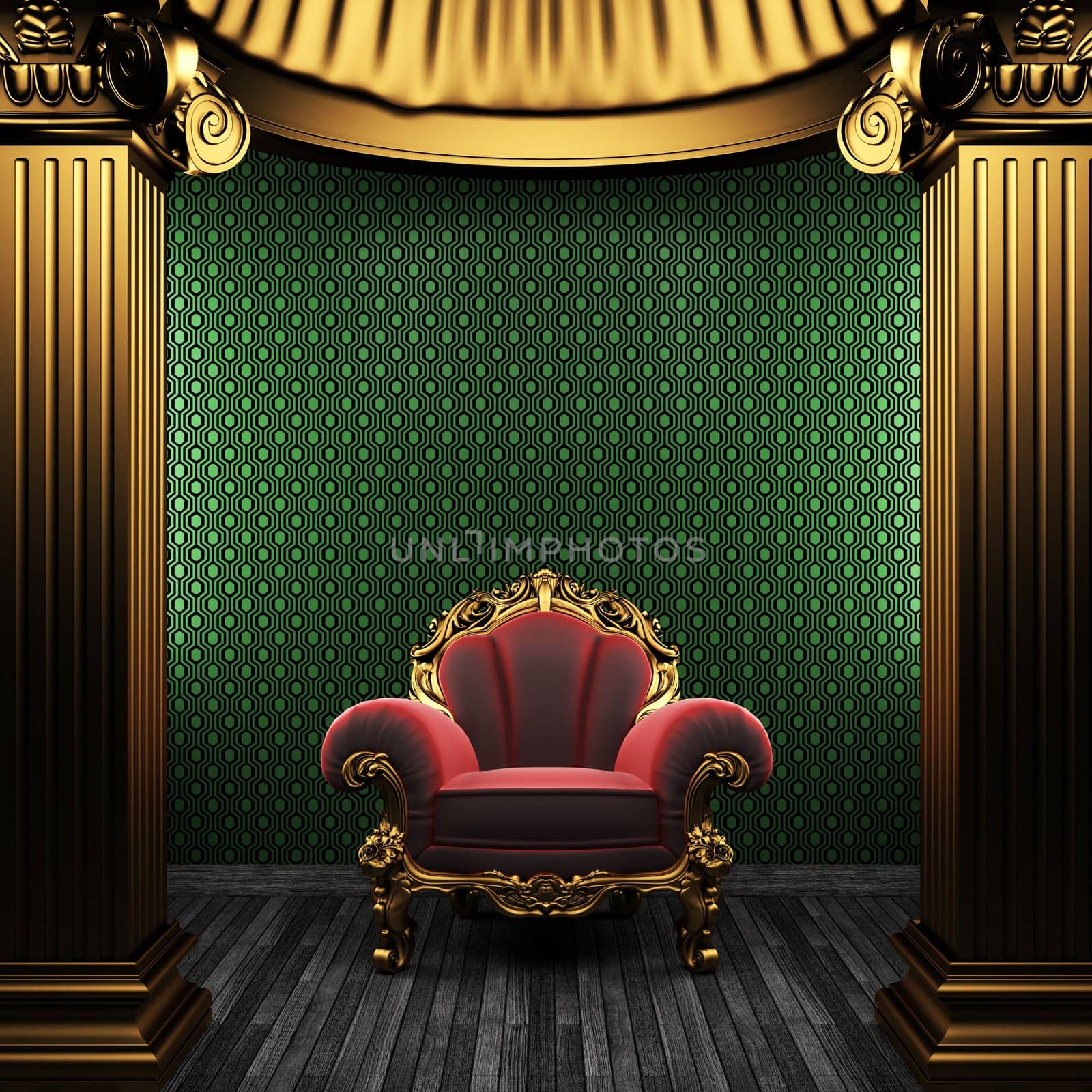 bronze columns, chair and wallpaper made in 3D