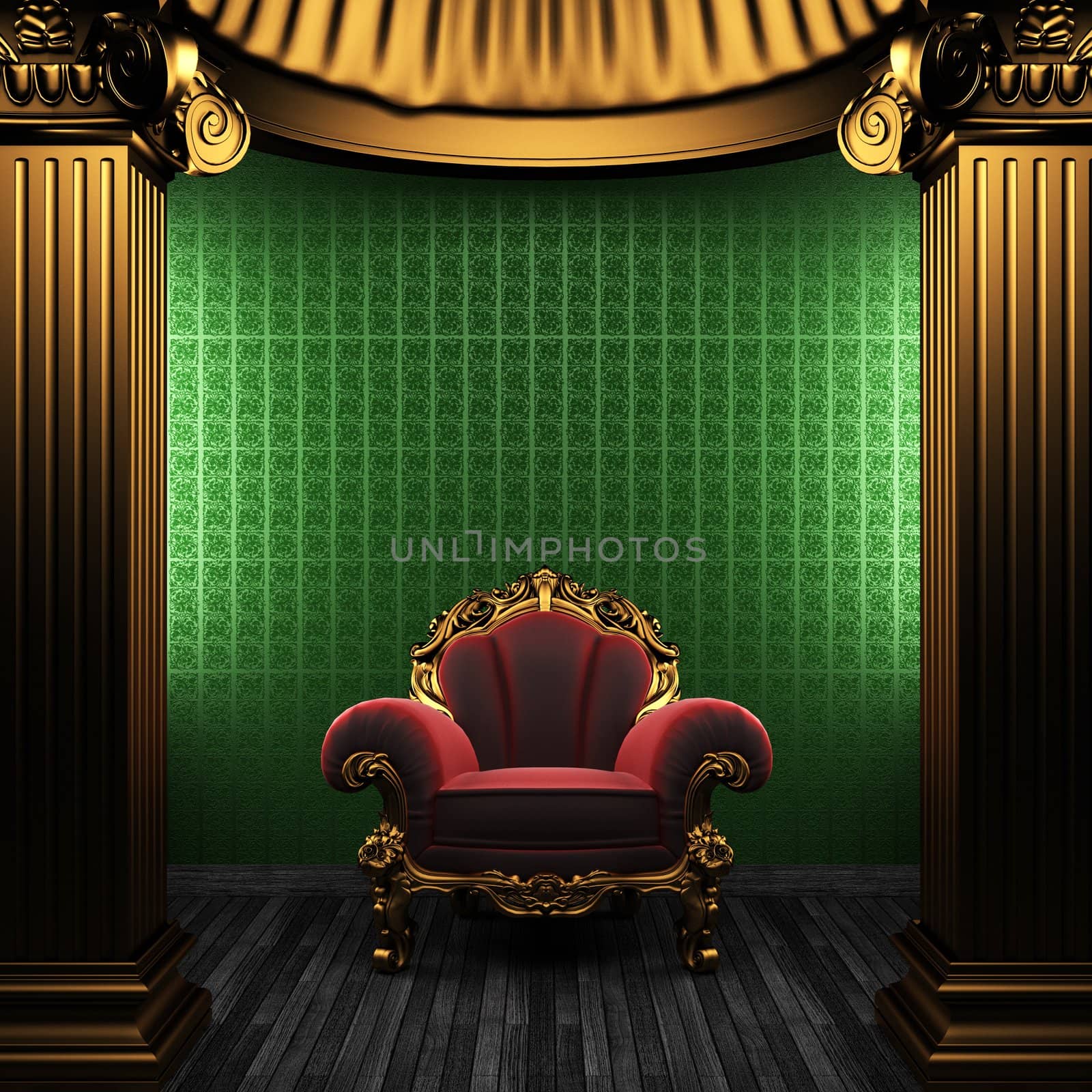 bronze columns, chair and wallpaper made in 3D