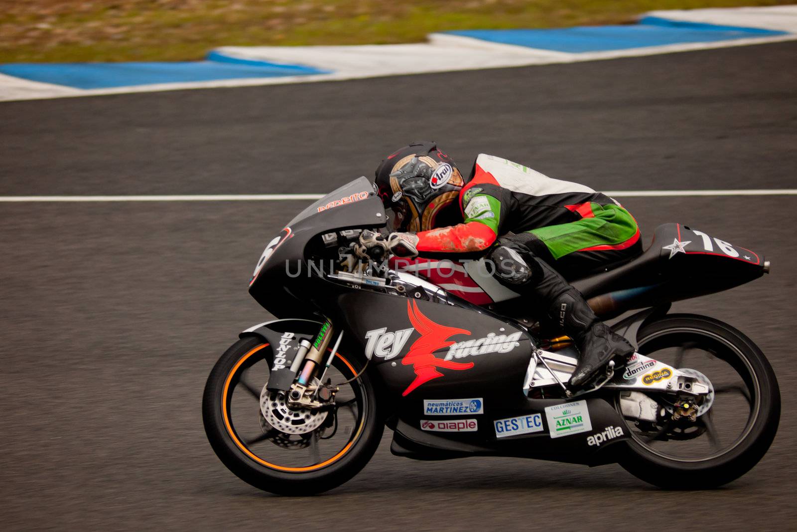JEREZ DE LA FRONTERA, SPAIN - NOV 20: Pedro Rodriguez pilot of motorcycling of 125cc in the Spanish championship of velocity (CEV) on Nov 20, 2010, in racetrack of velocity of Jerez de la Frontera