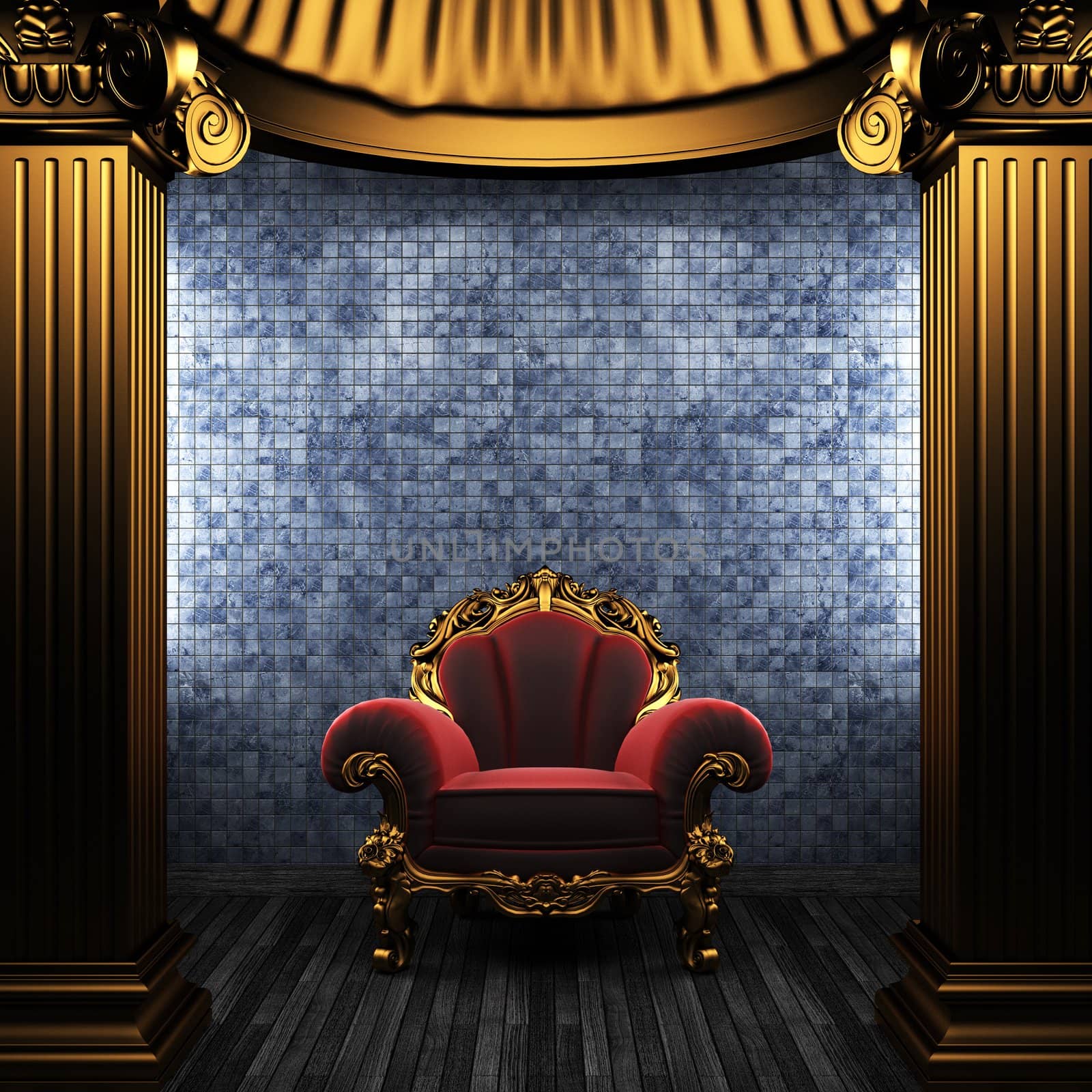 bronze columns, chair and tile wall made in 3D