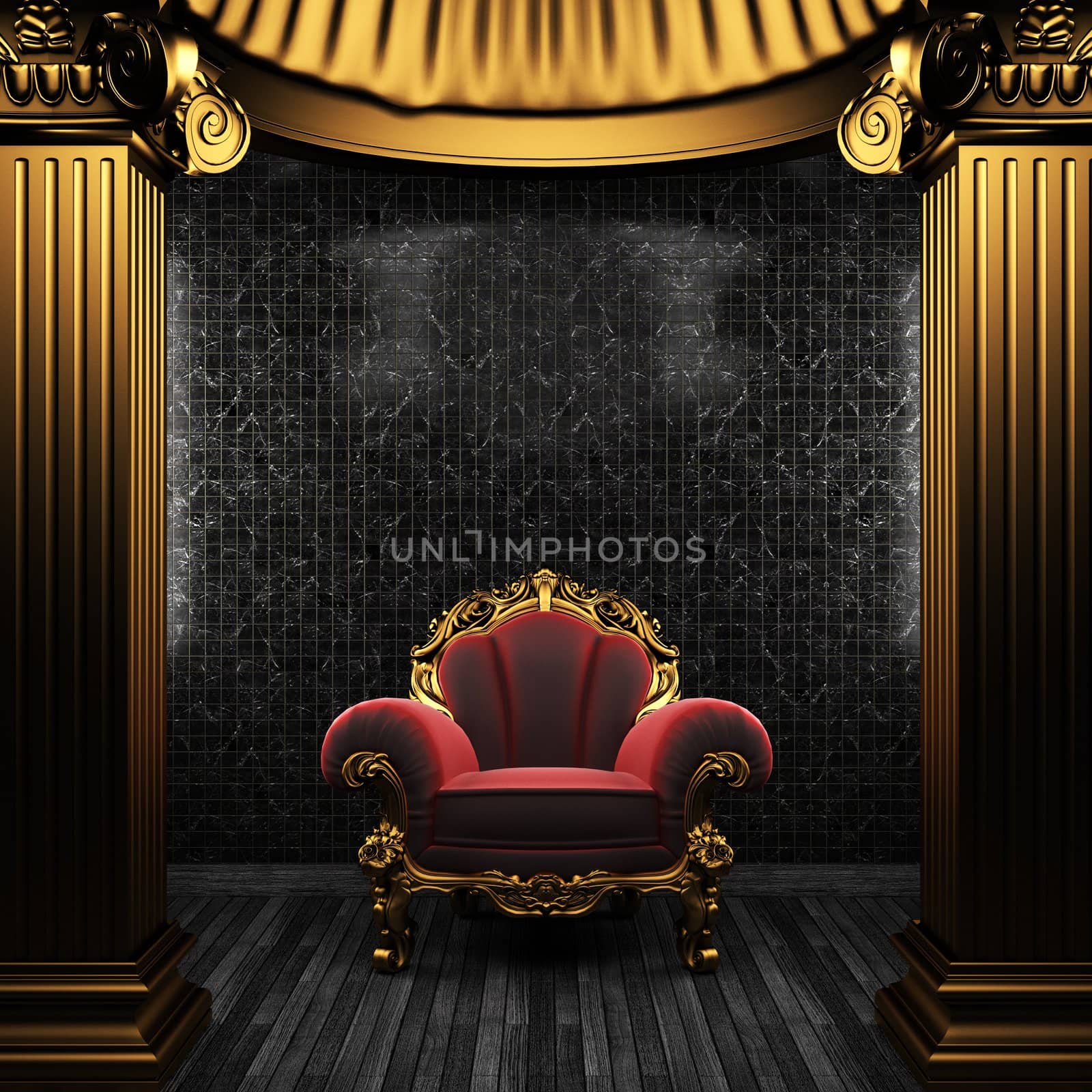 bronze columns, chair and tile wall made in 3D