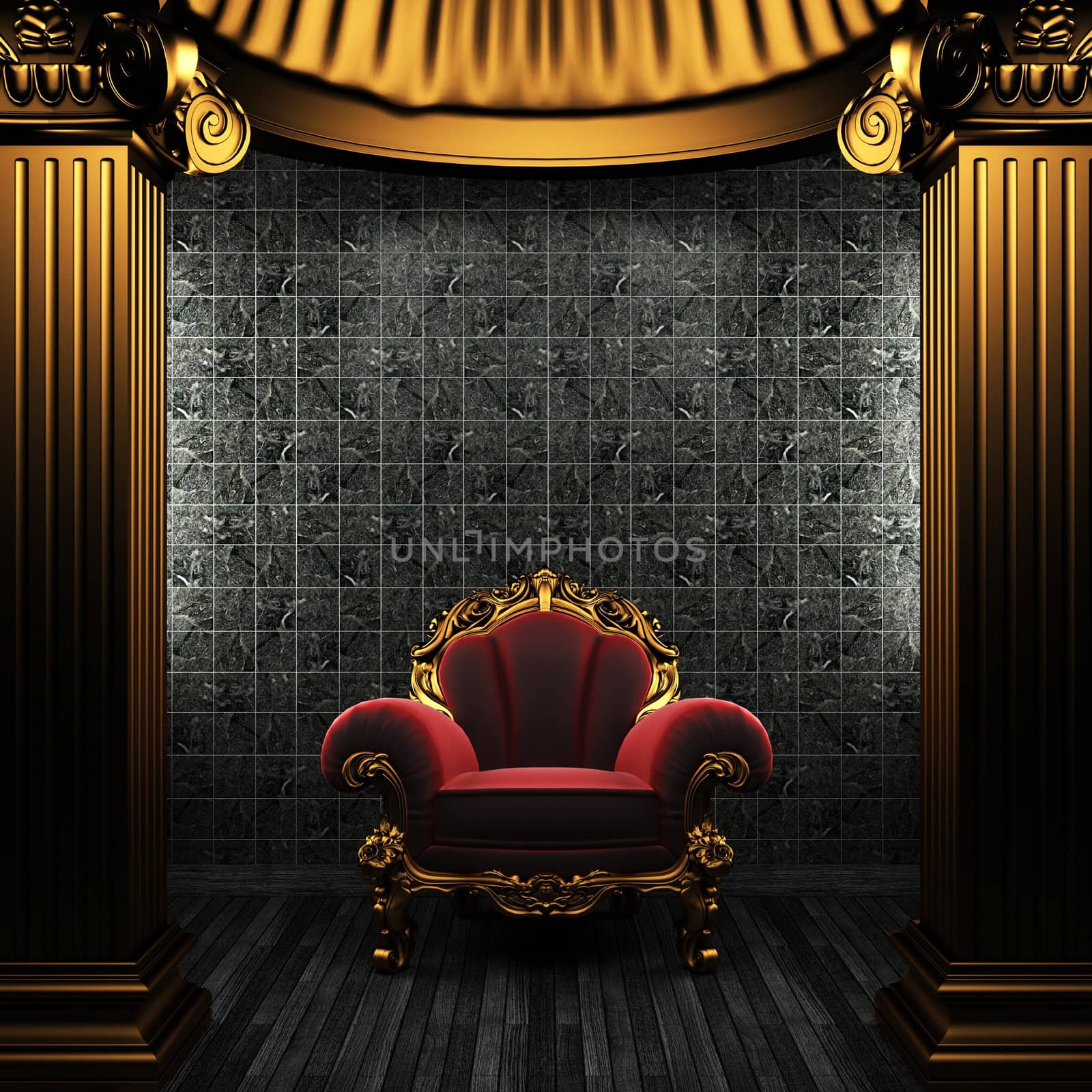 bronze columns, chair and tile wall made in 3D