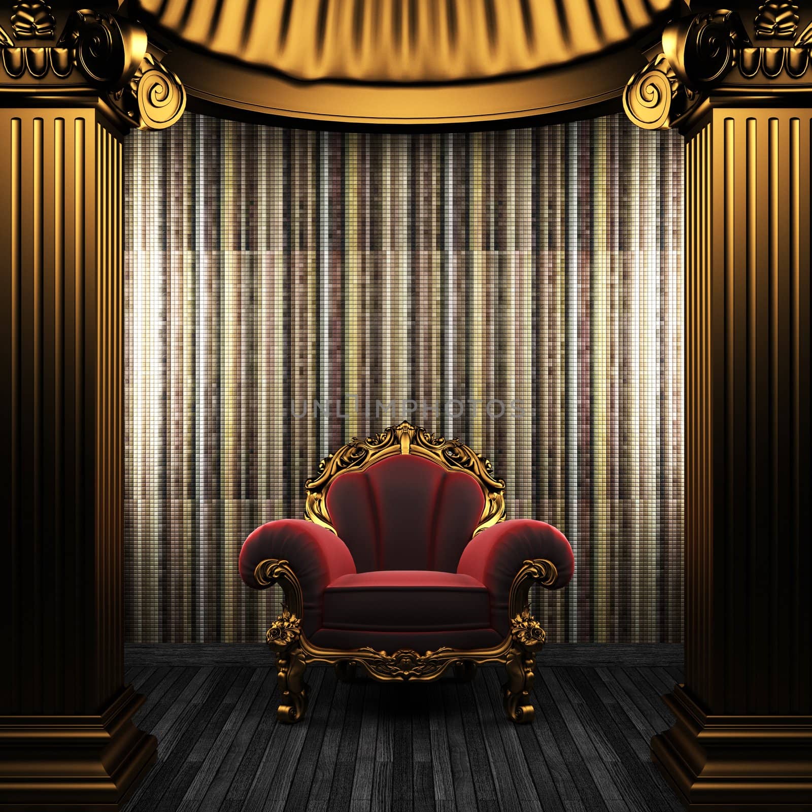 bronze columns, chair and tile wall made in 3D