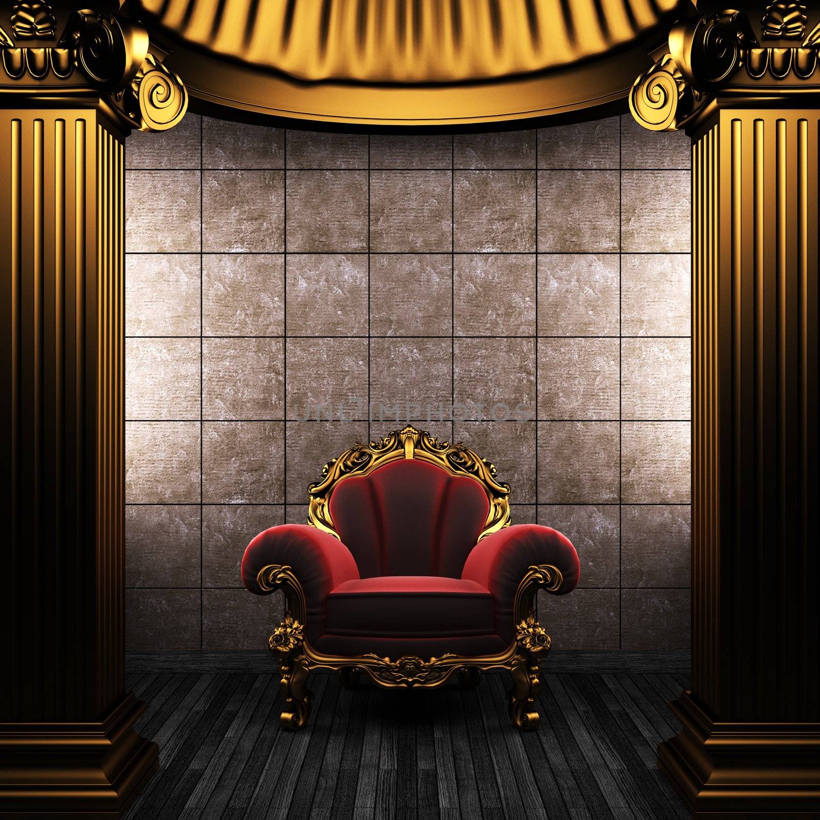 bronze columns, chair and tile wall made in 3D