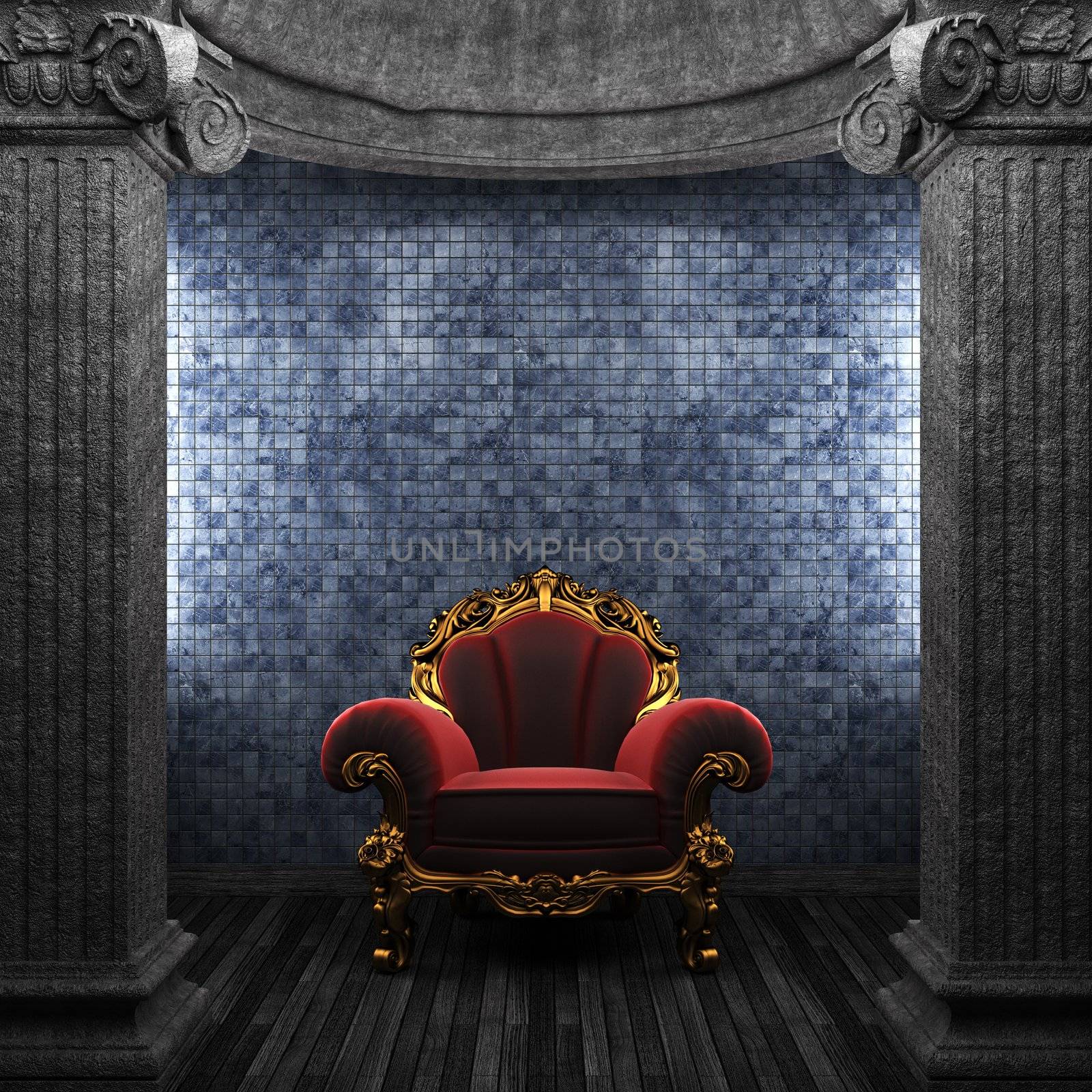 stone columns, chair and tile wall made in 3D