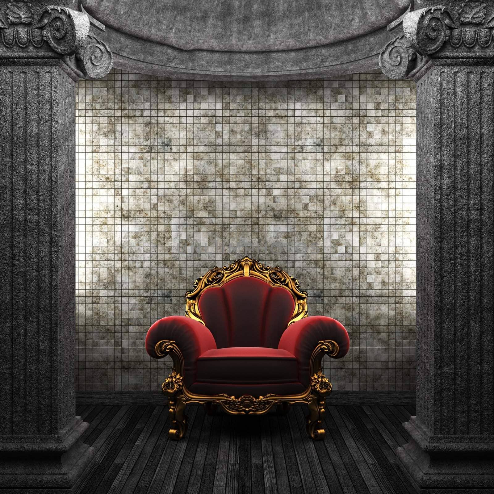 stone columns, chair and tile wall made in 3D