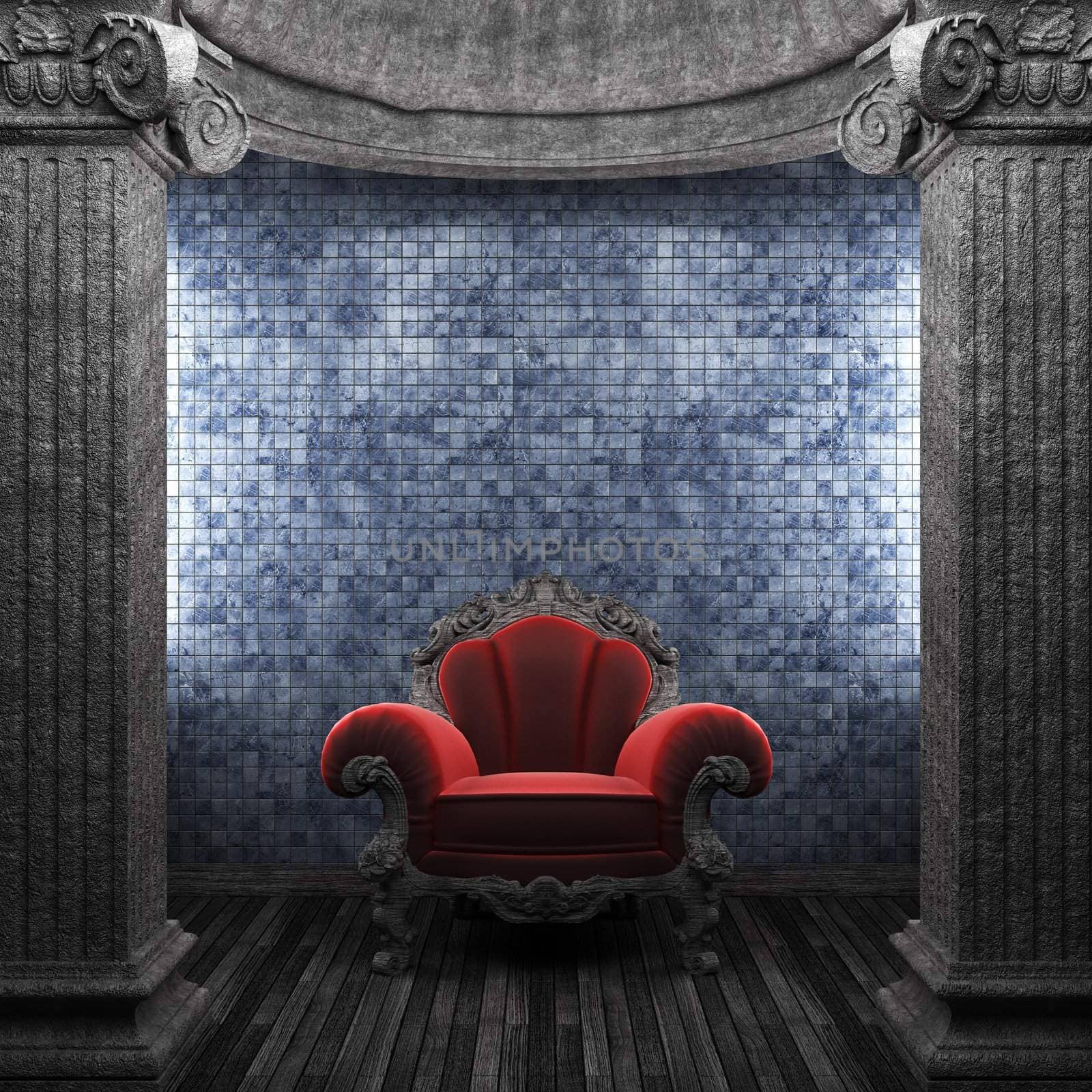 stone columns, chair and tile wall by icetray
