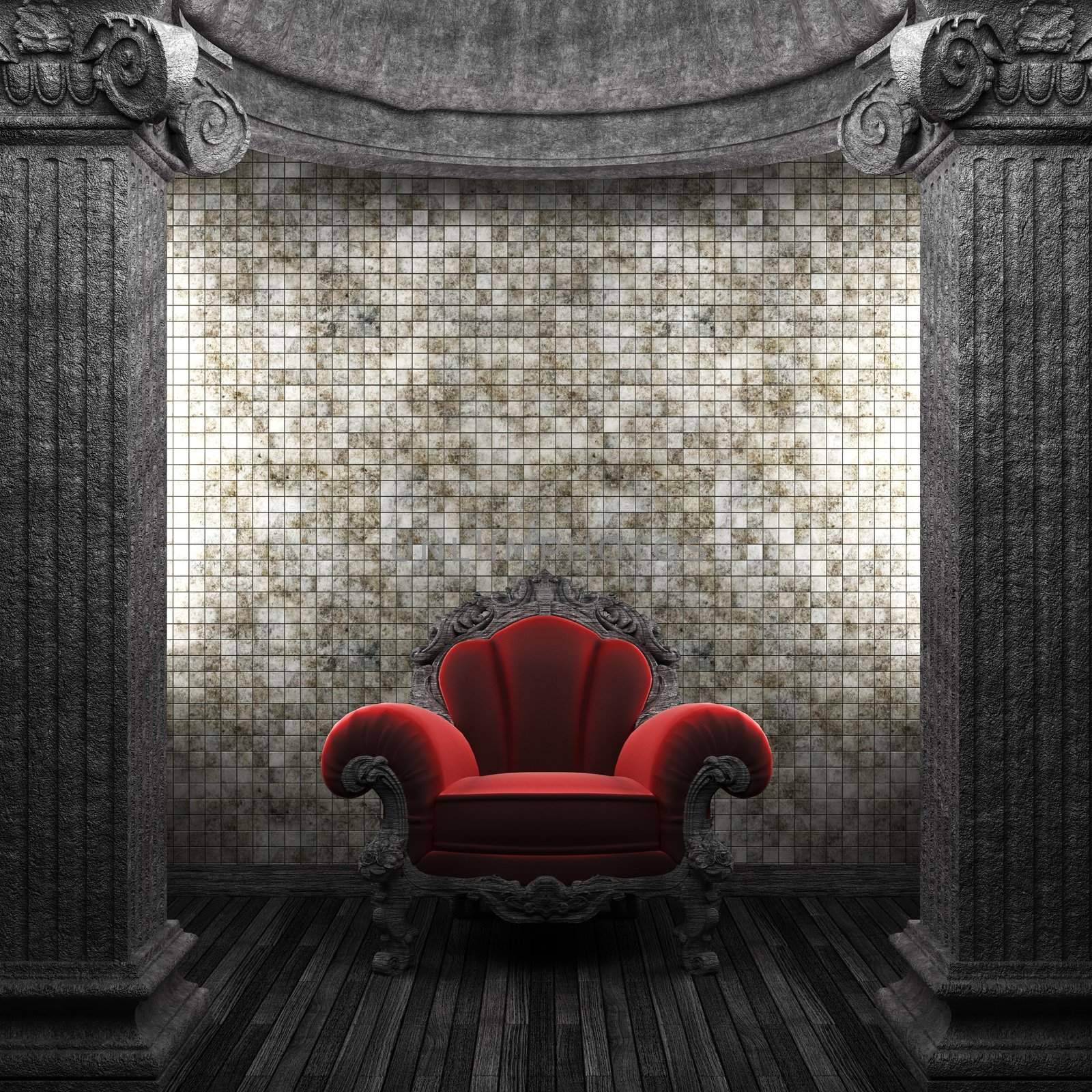 stone columns, chair and tile wall by icetray