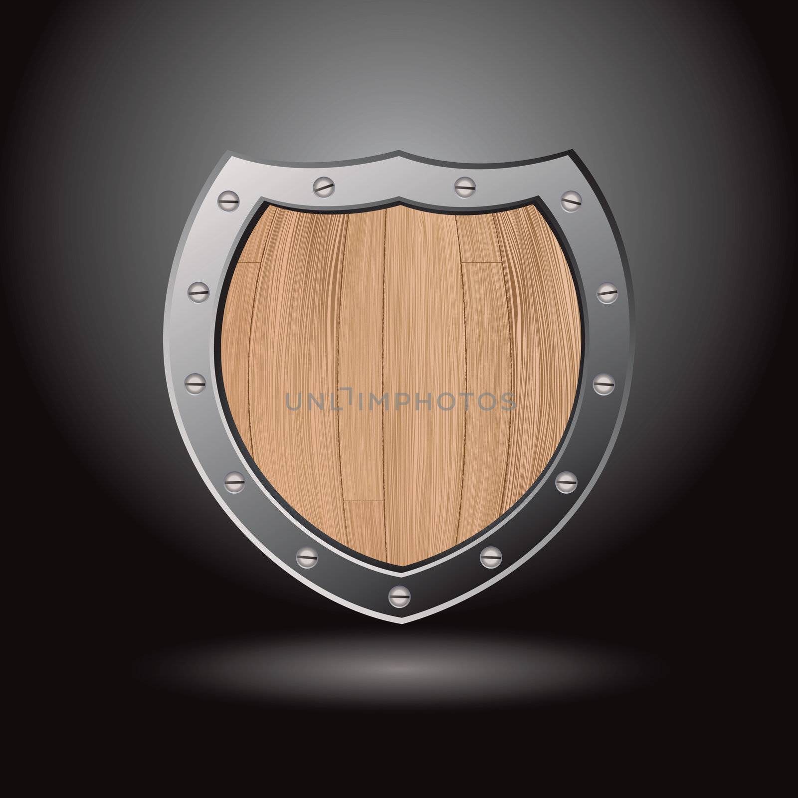 Protective wood shield icon with black background and spot light