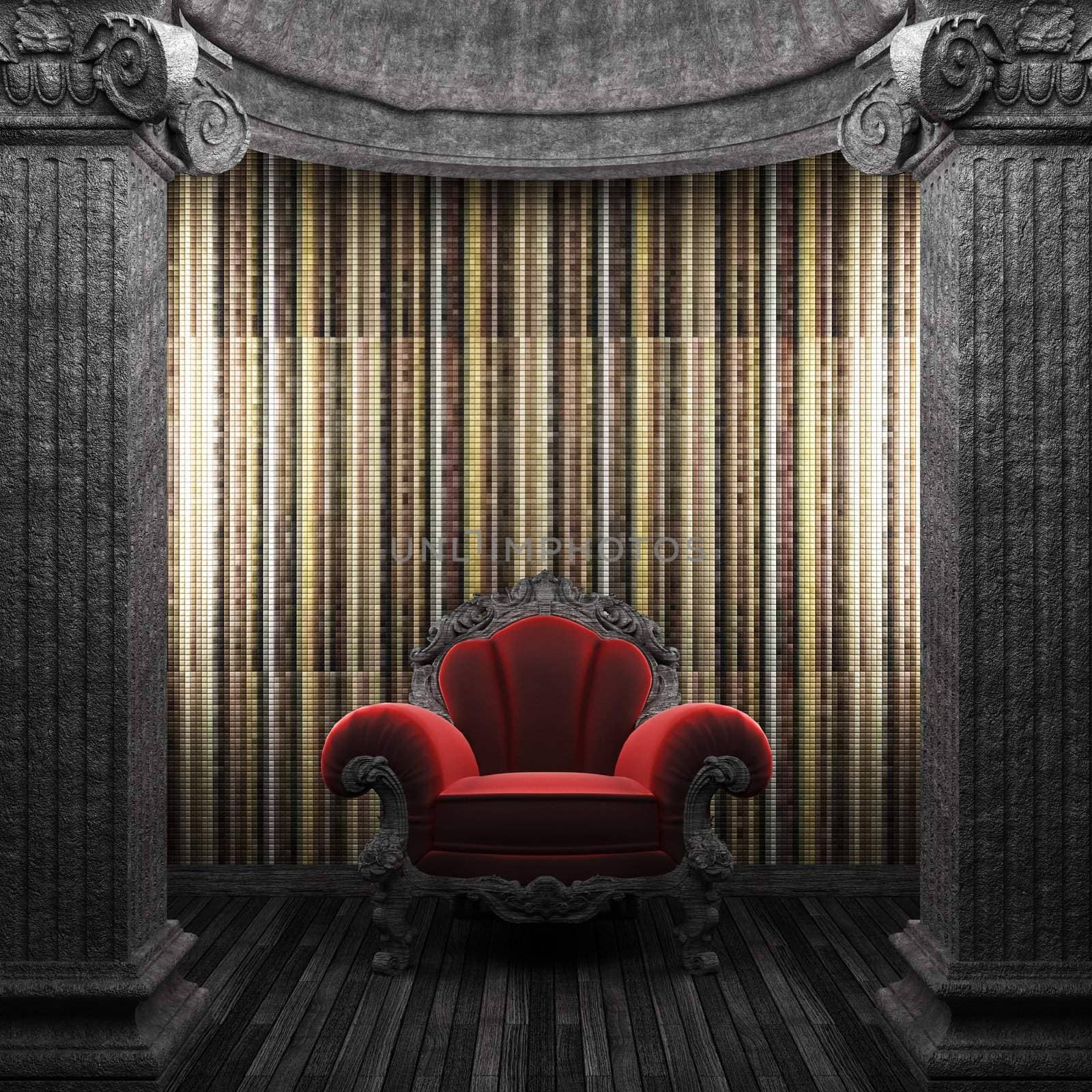 stone columns, chair and tile wall made in 3D