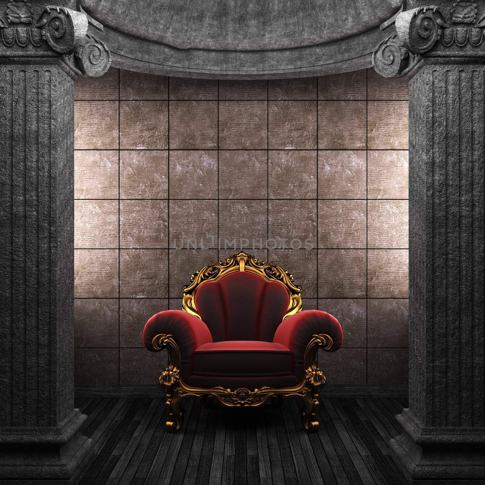 stone columns, chair and tile wall made in 3D