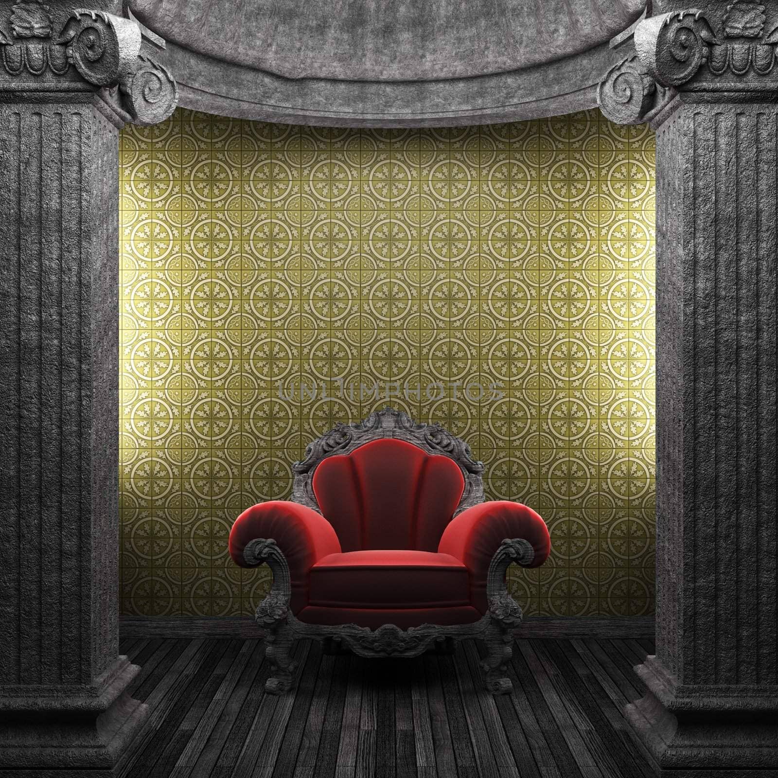 stone columns, chair and tile wall made in 3D