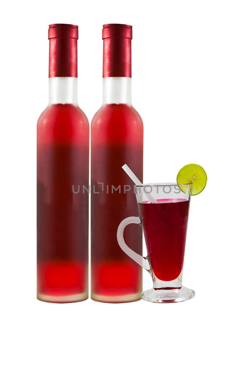 Red wine bottles and wine glass isolated on white.