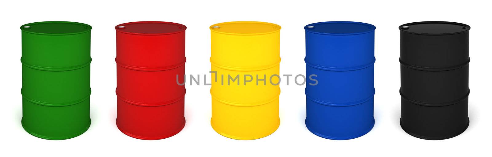 Five colored barrels 3D render isolated over white