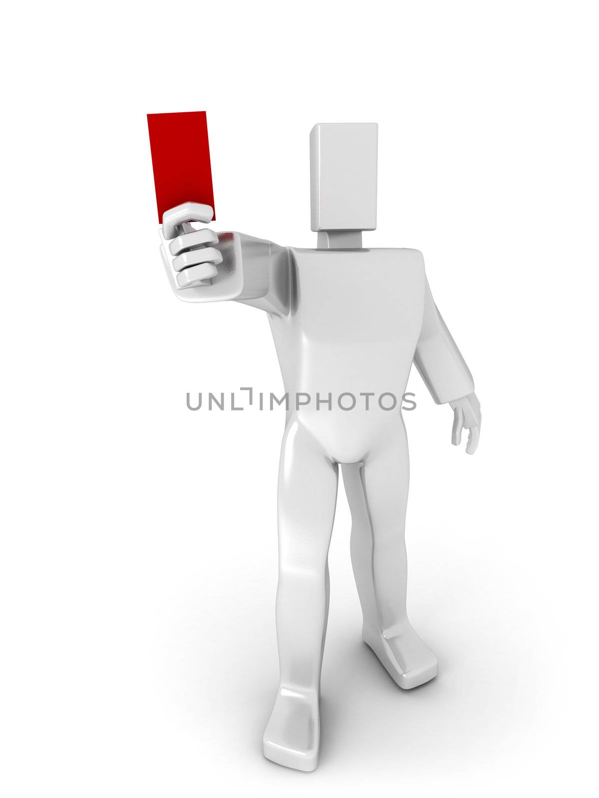 3D Man shows the red card isolated over white