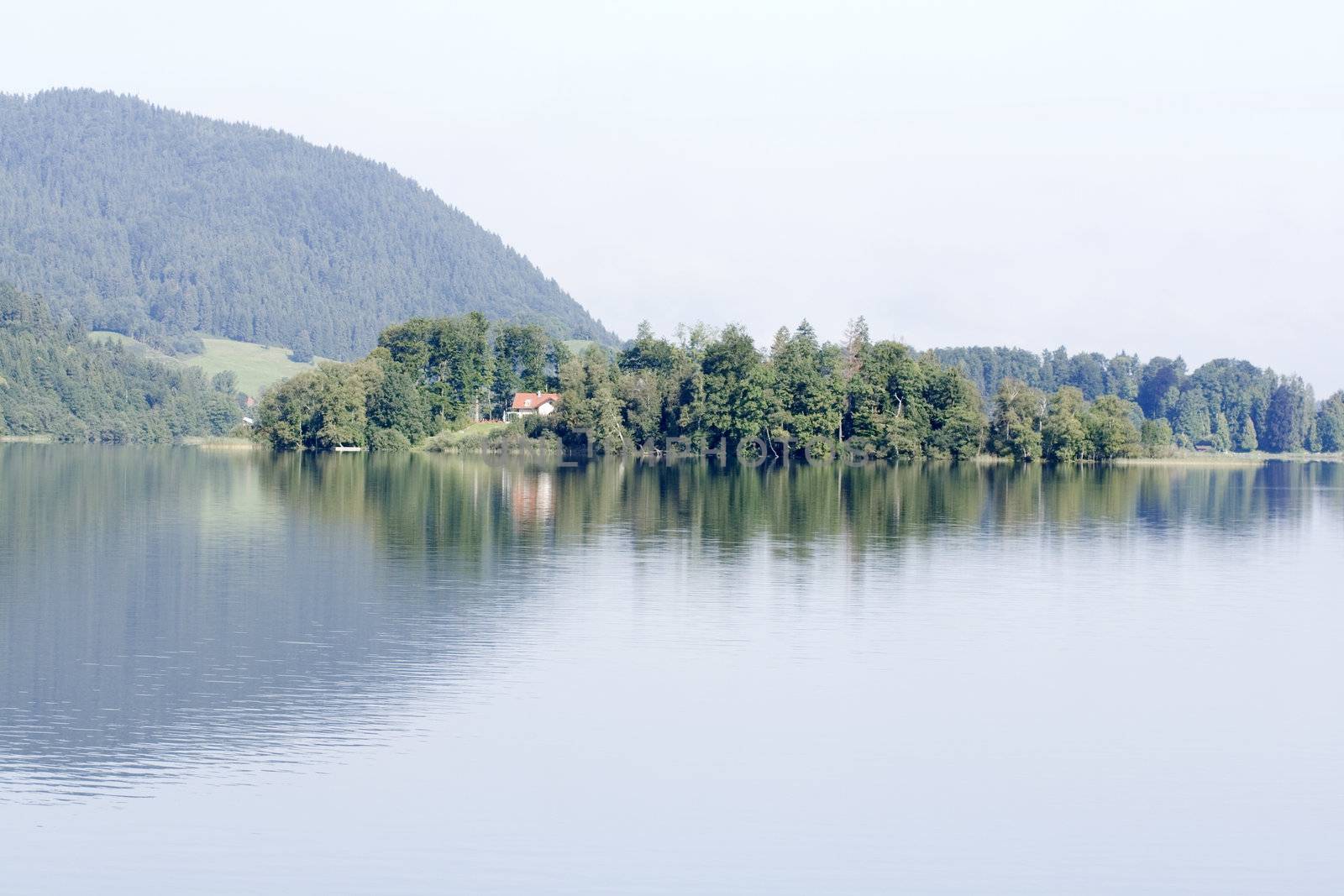 Panoramic image of the island of Wörth in Schliersee
