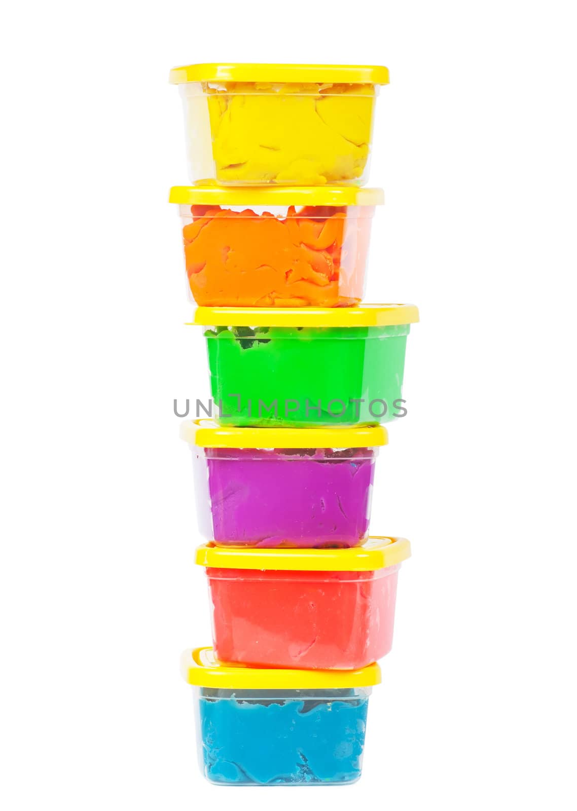 A stack of jars with plasticine of different colors