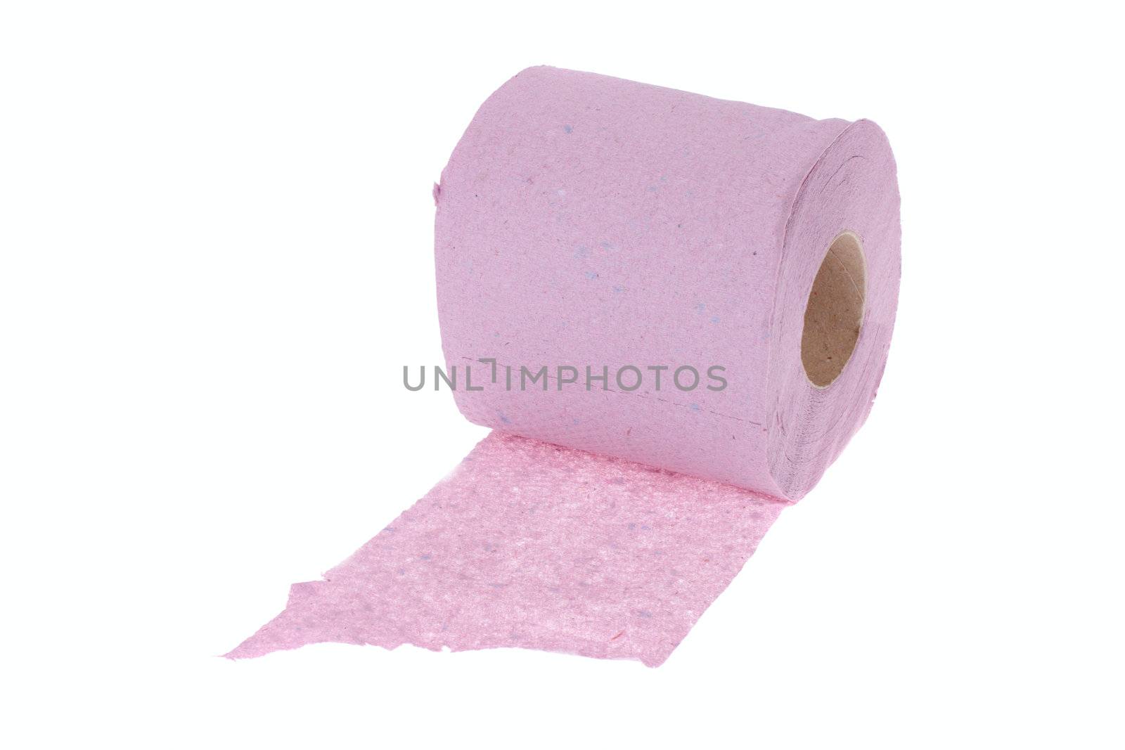 Roll of the pink toilet paper, photo on white