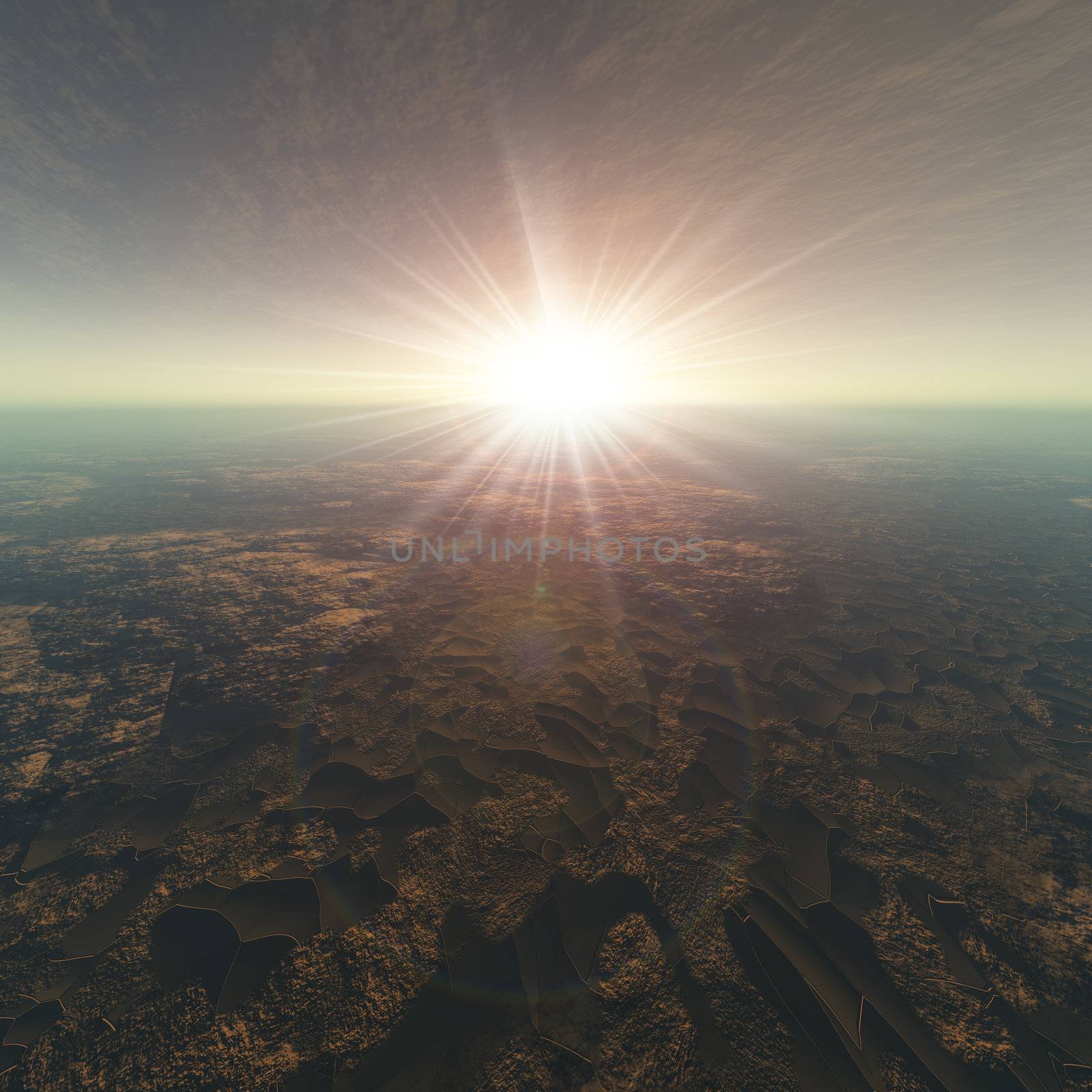 A cracked earth view with sun background. Bright flash and flare of over hazy sky horizon.