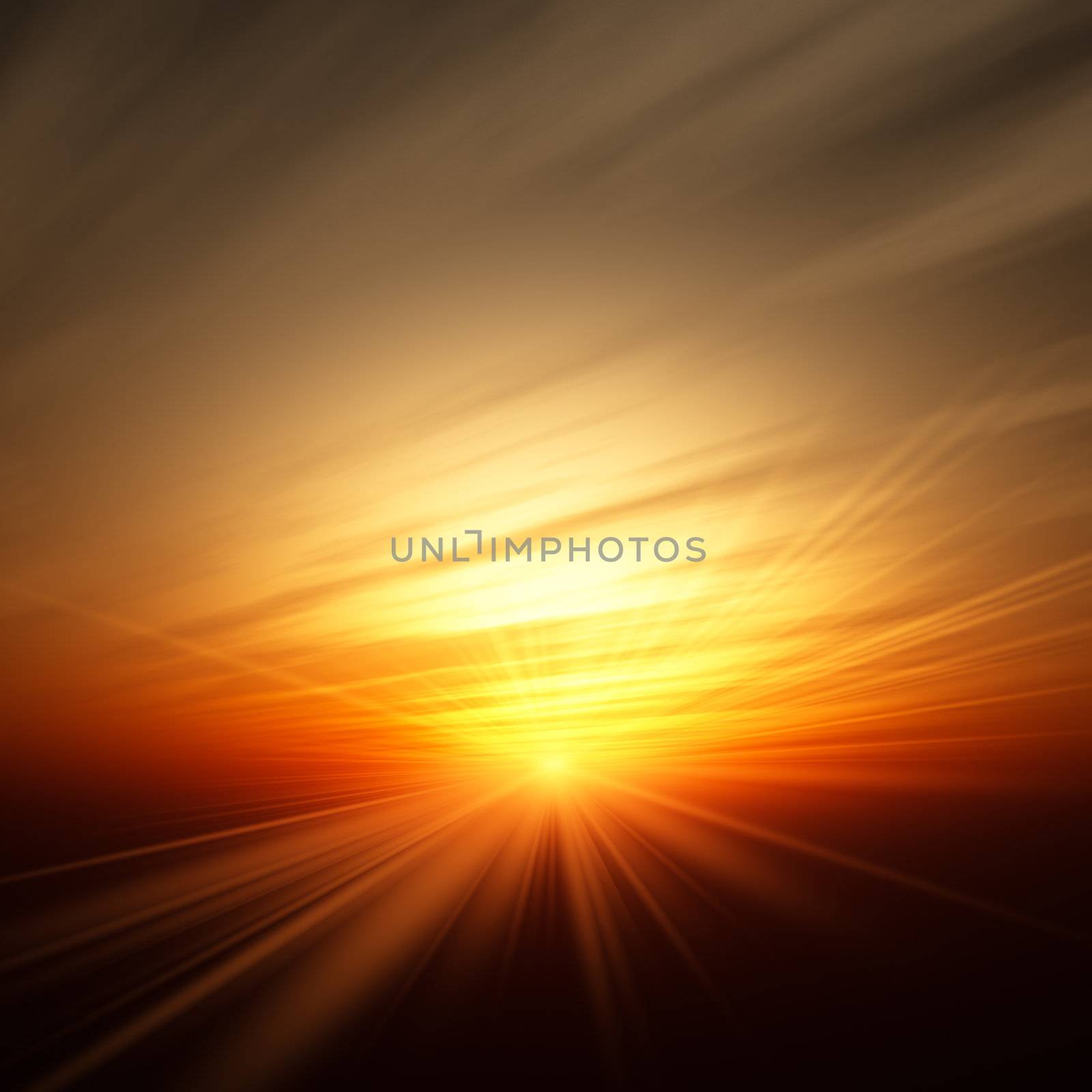 A direct view of the sun background. Bright flash and flare of orange yellow glow through haze clouds at sunrise.